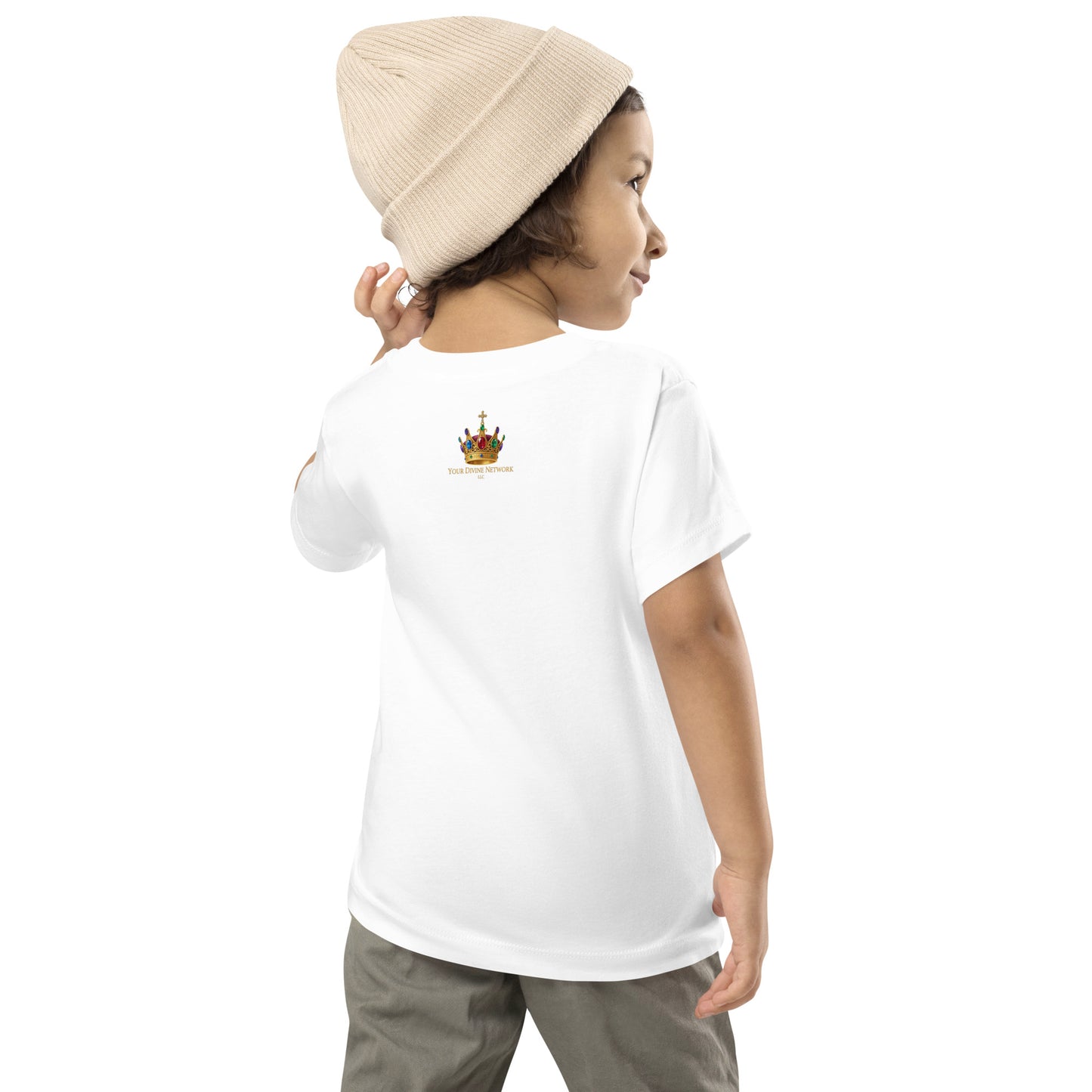 Christian toddler shirt design reading Heaven Sent with Psalm 127:3, featuring a crown, clouds, stars, and soft green, lavender, cream, and gold colors.