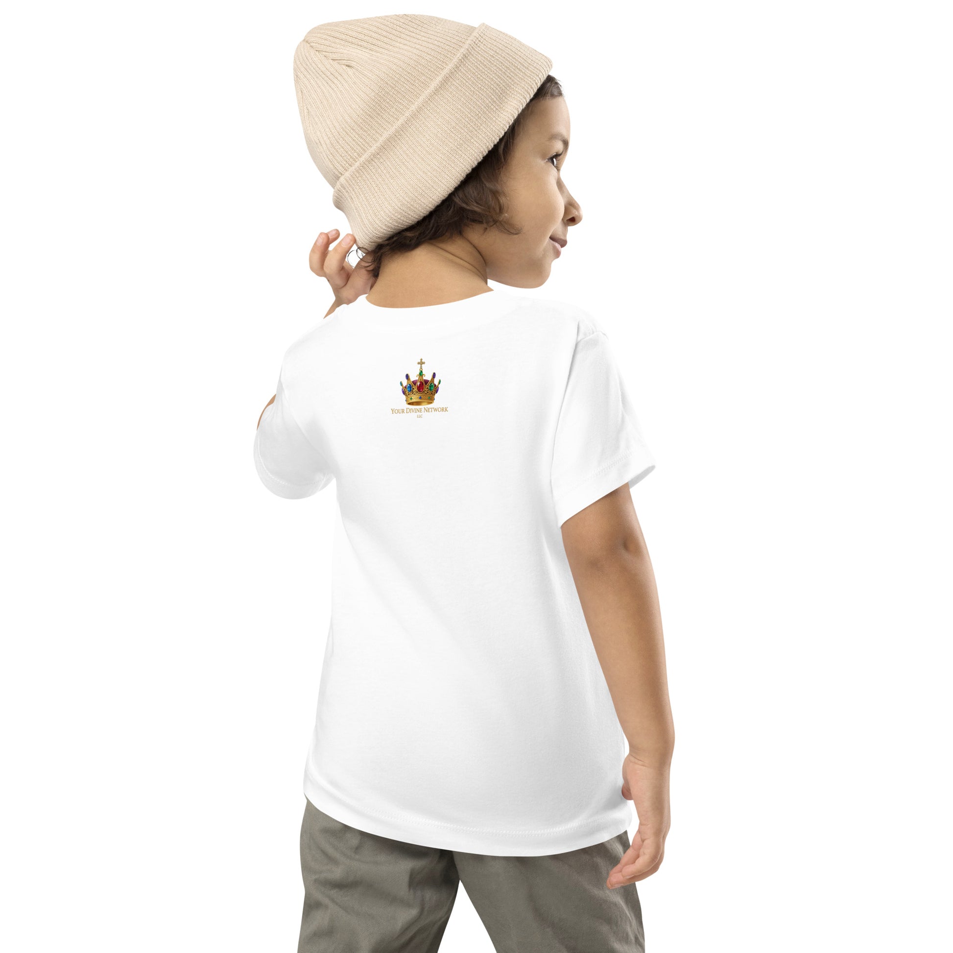 Christian toddler shirt design reading Heaven Sent with Psalm 127:3, featuring a crown, clouds, stars, and soft green, lavender, cream, and gold colors.