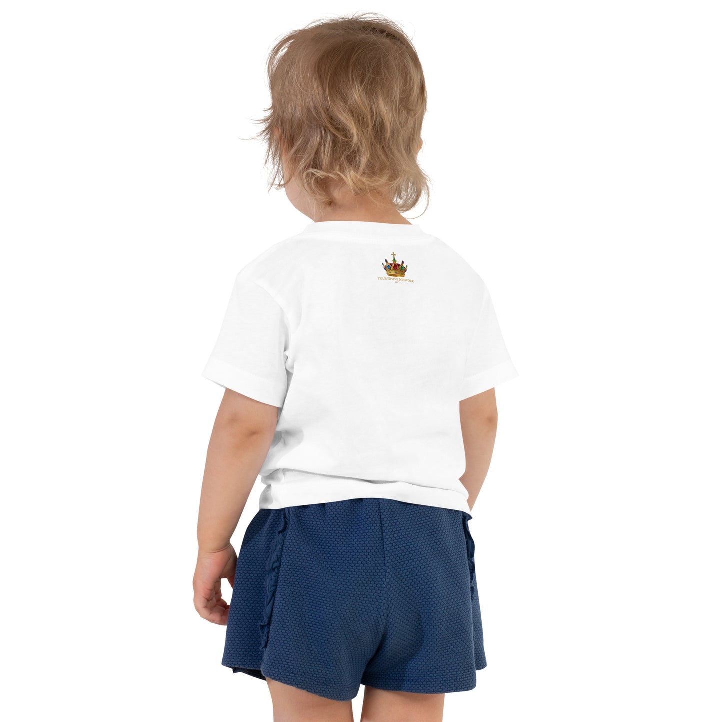 Christian toddler shirt design reading Heaven Sent with Psalm 127:3, featuring a crown, clouds, stars, and soft green, lavender, cream, and gold colors.