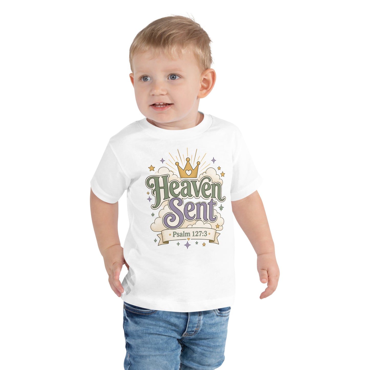 Christian toddler shirt design reading Heaven Sent with Psalm 127:3, featuring a crown, clouds, stars, and soft green, lavender, cream, and gold colors.