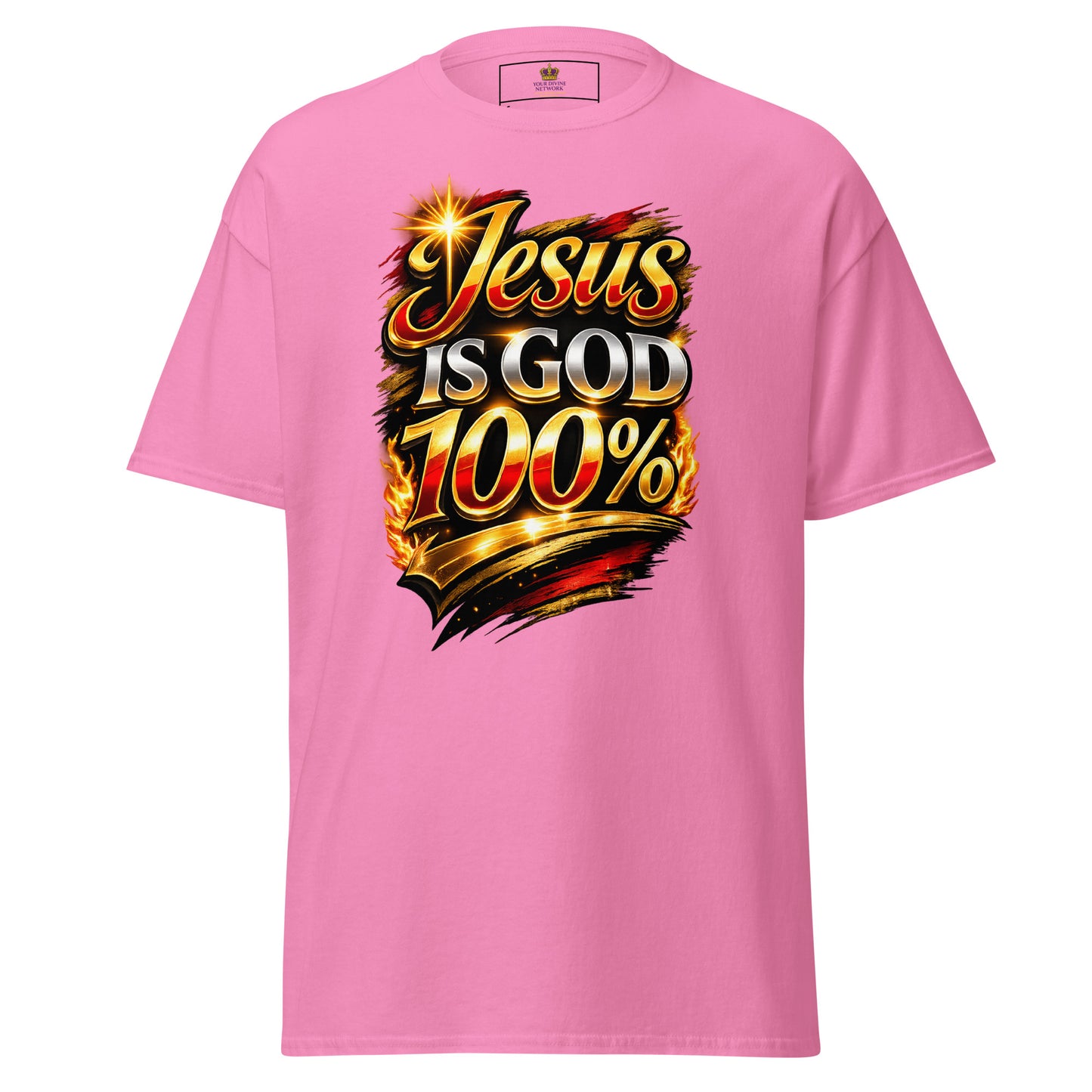 “Jesus is God 100 percent Christian t shirt bold faith statement design gold red lettering”
