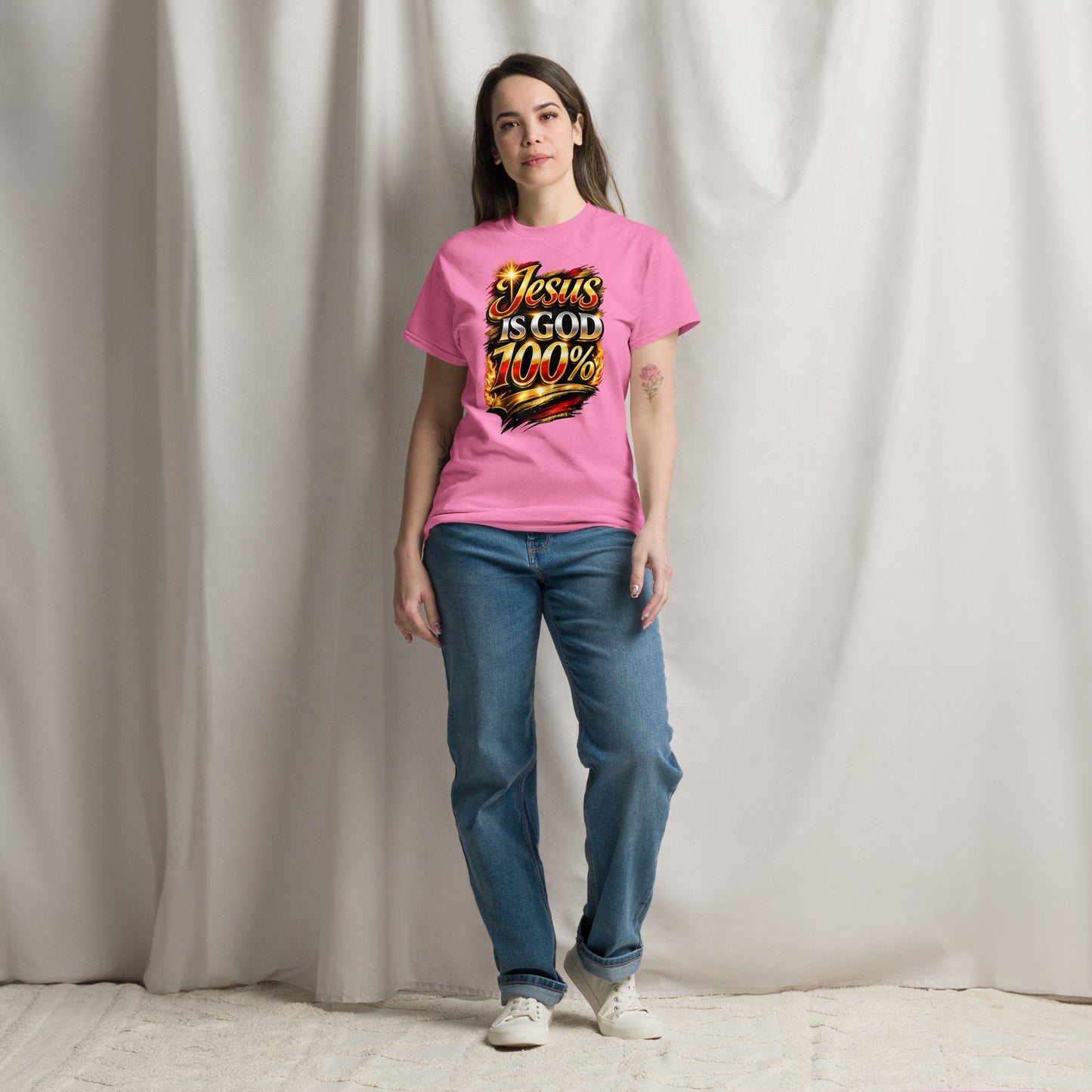 “Jesus is God 100 percent Christian t shirt bold faith statement design gold red lettering”