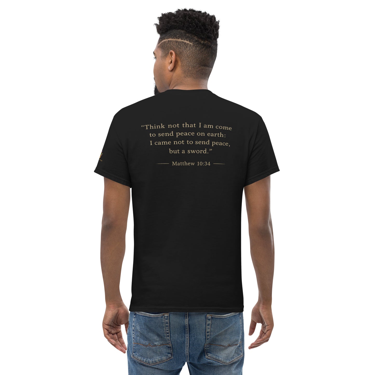 “Christian black t shirt the truth divides front and back Matthew 10:34 scripture faith apparel”
