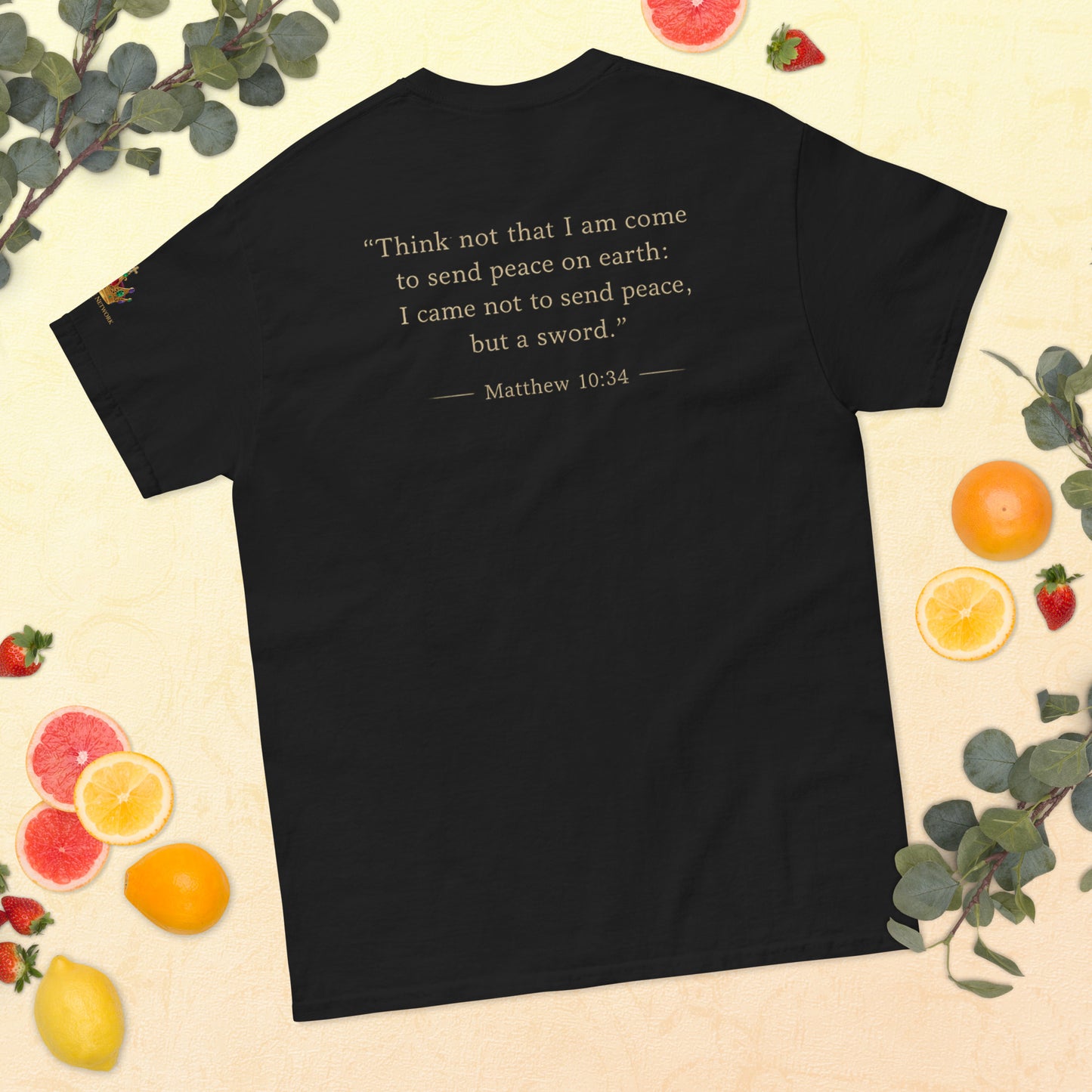 “Christian black t shirt the truth divides front and back Matthew 10:34 scripture faith apparel”