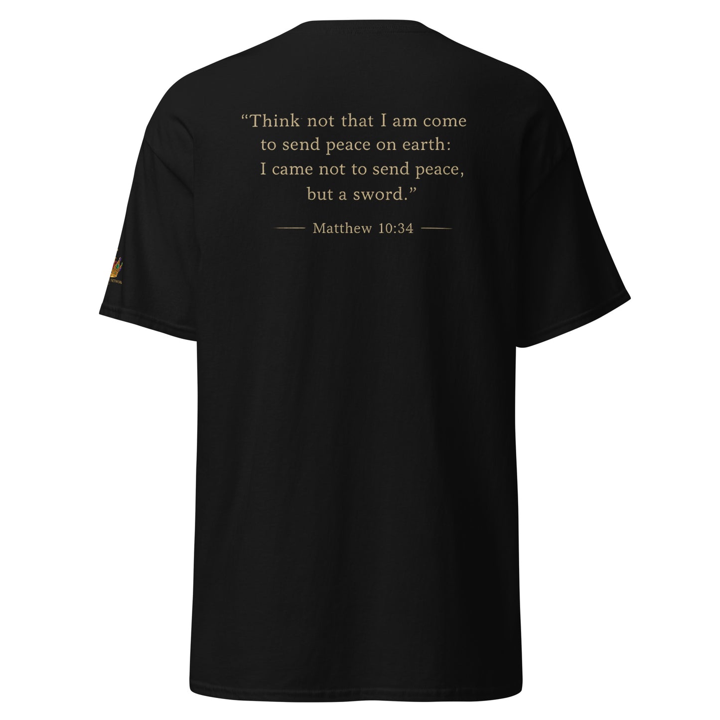“Christian black t shirt the truth divides front and back Matthew 10:34 scripture faith apparel”