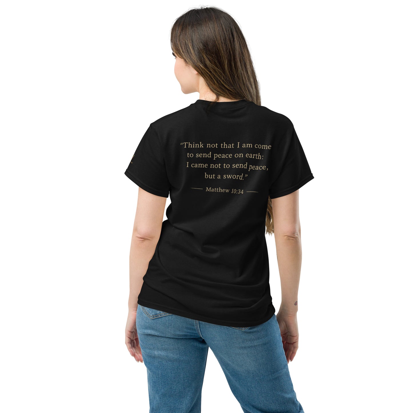 “Christian black t shirt the truth divides front and back Matthew 10:34 scripture faith apparel”