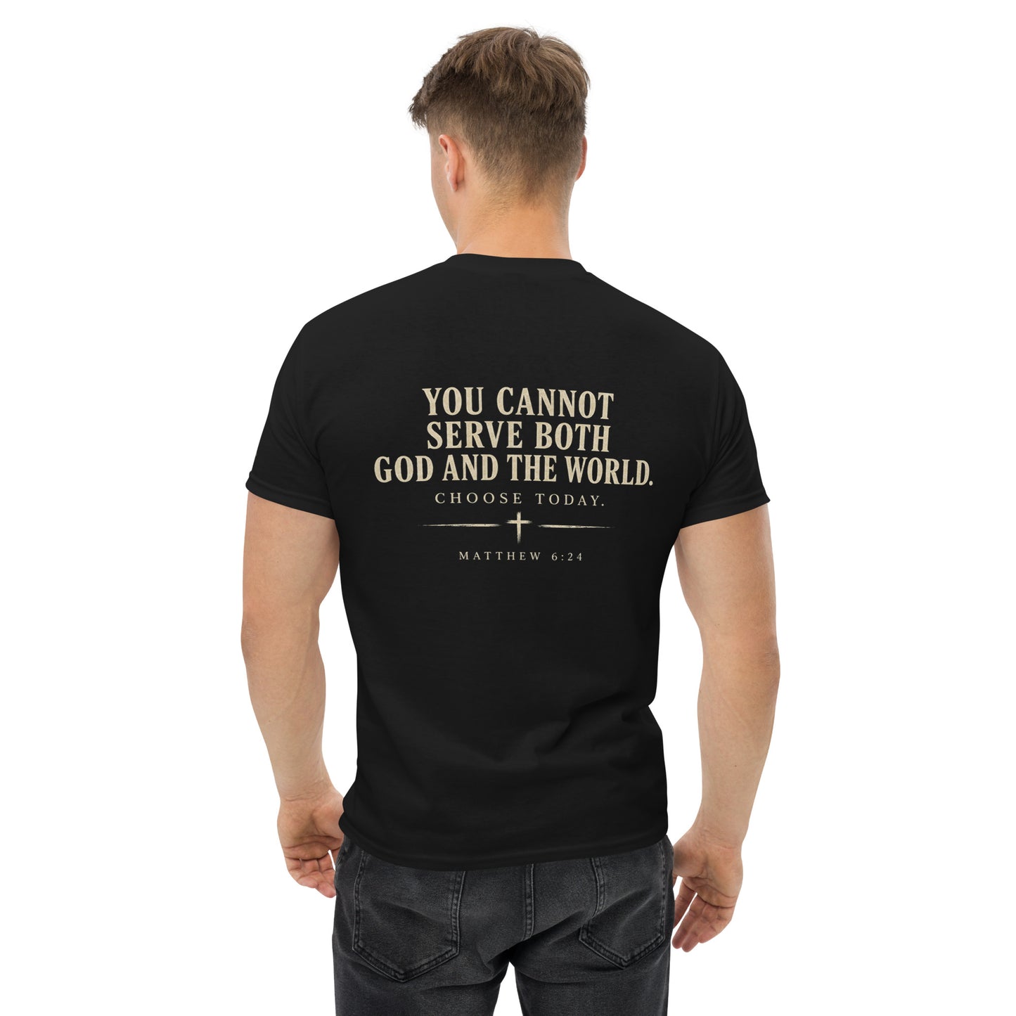 “Christian black t shirt whose side are you on front and back Matthew 6:24 faith apparel”