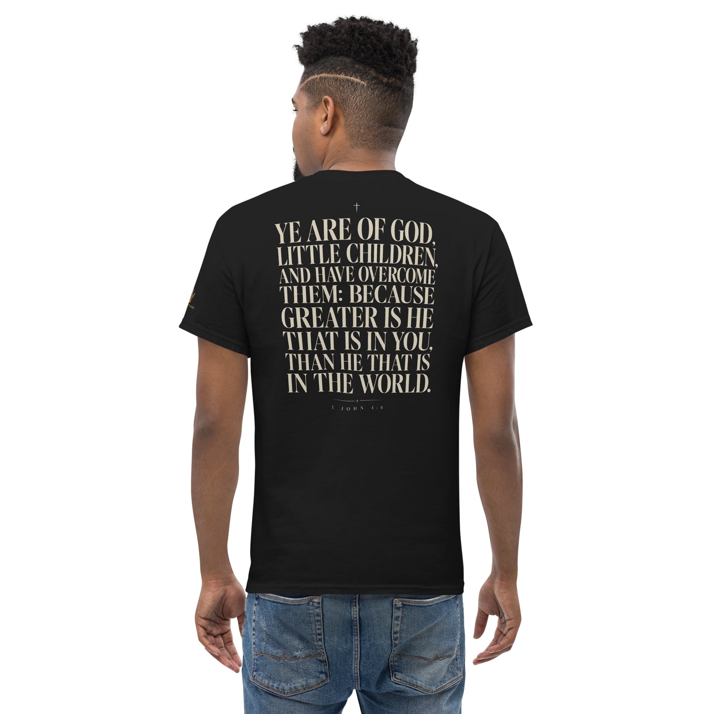 “Christian black t shirt greater is he front chest design with 1 John 4:4 scripture on back”