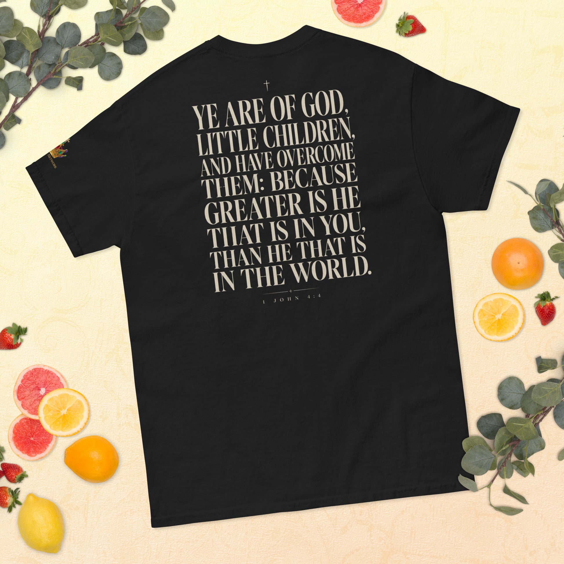 “Christian black t shirt greater is he front chest design with 1 John 4:4 scripture on back”