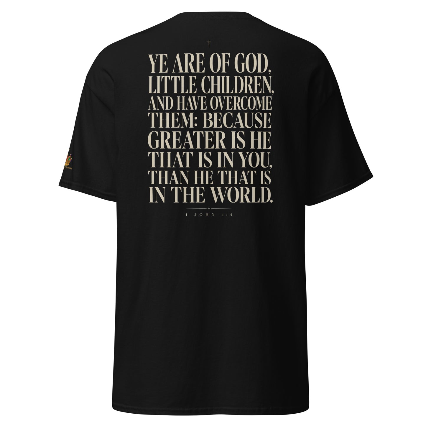 “Christian black t shirt greater is he front chest design with 1 John 4:4 scripture on back”