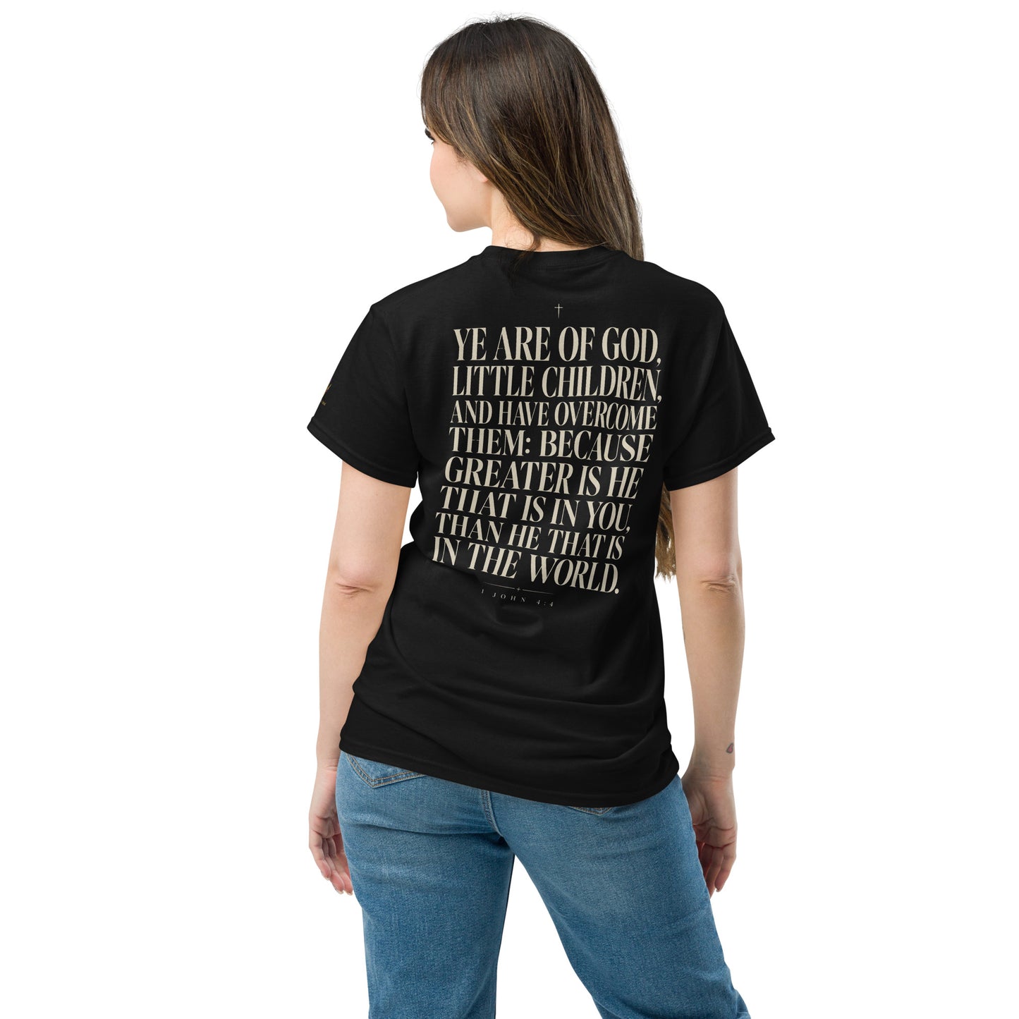 “Christian black t shirt greater is he front chest design with 1 John 4:4 scripture on back”