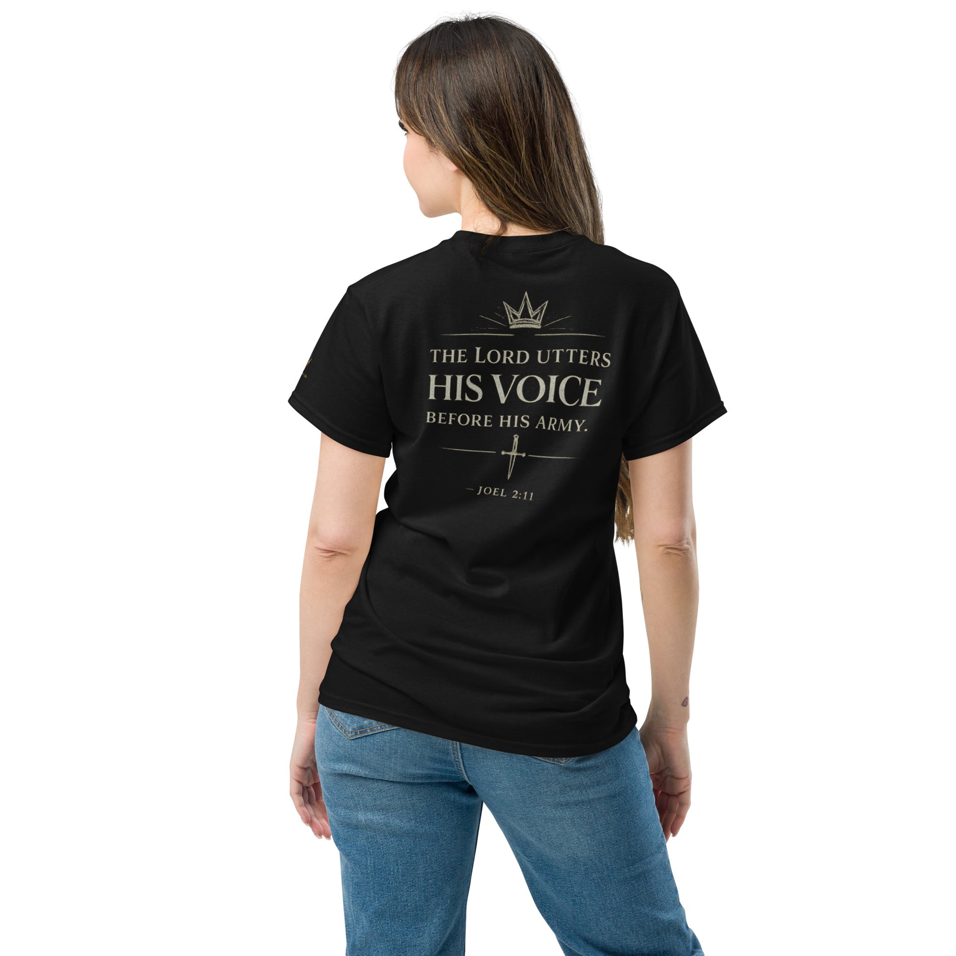 “Black Christian t shirt with There Is An Army Rising Up front design and Joel 2:11 scripture back print”