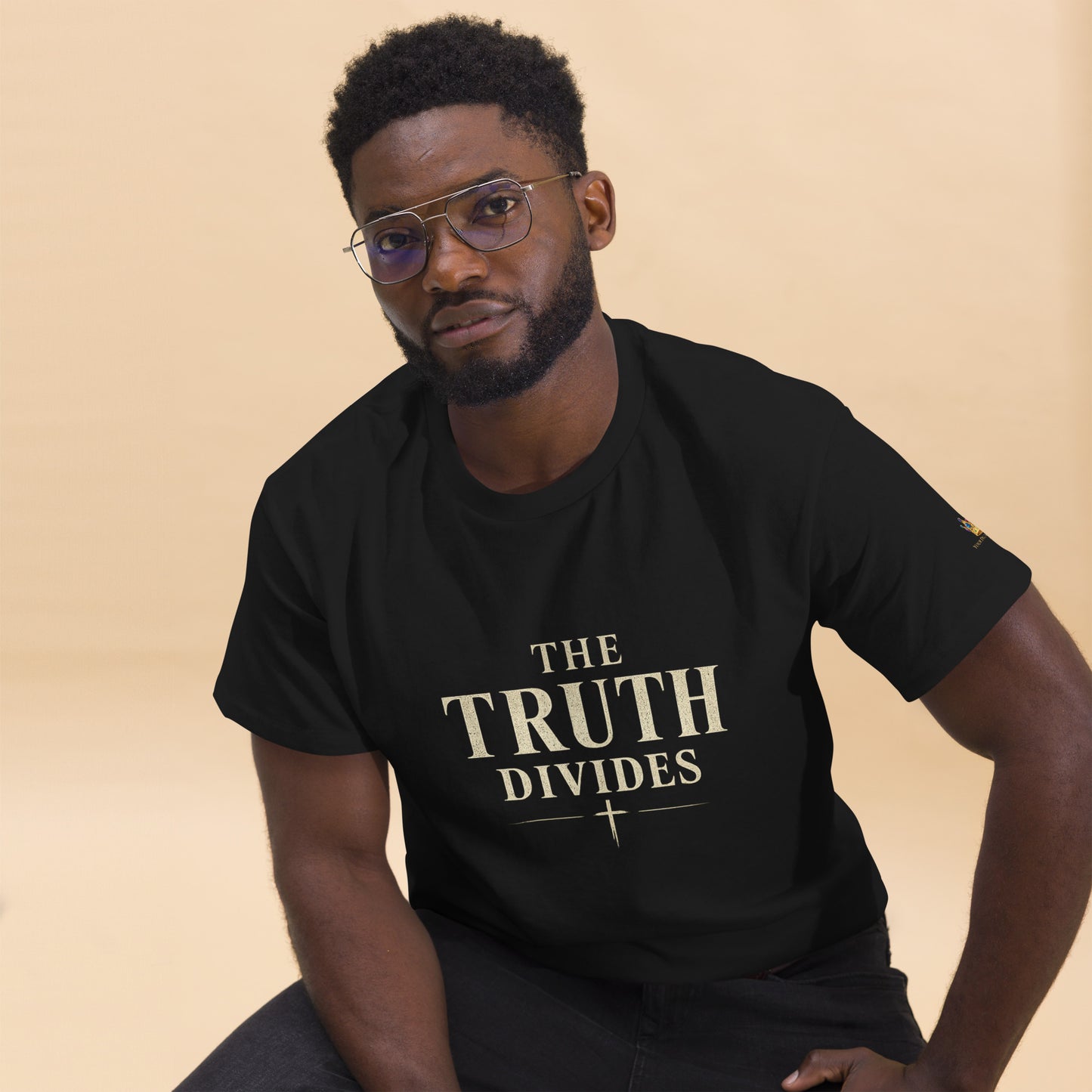 “Christian black t shirt the truth divides front and back Matthew 10:34 scripture faith apparel”