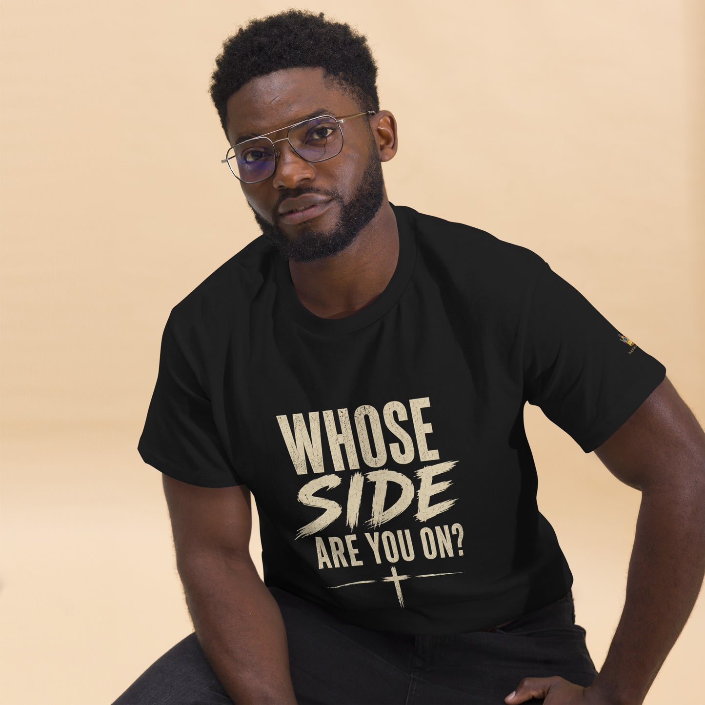 “Christian black t shirt whose side are you on front and back Matthew 6:24 faith apparel”