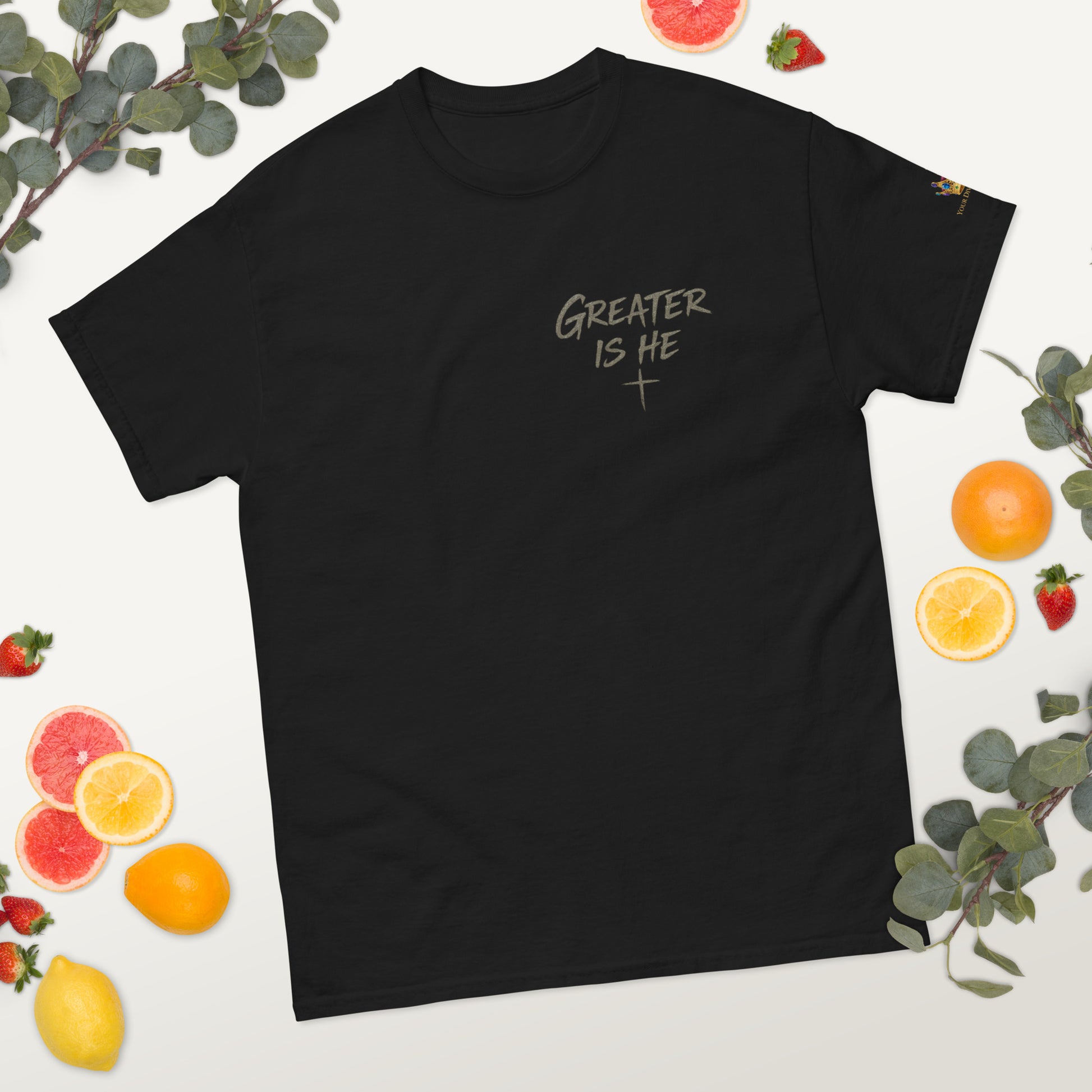 “Christian black t shirt greater is he front chest design with 1 John 4:4 scripture on back”