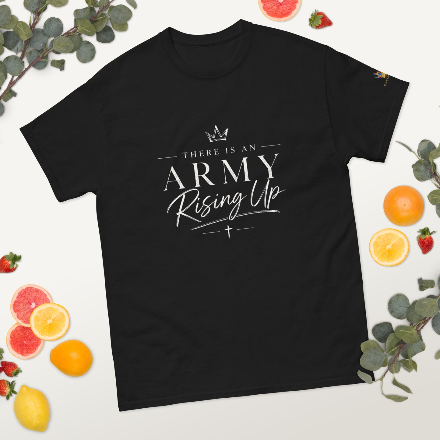 “Black Christian t shirt with There Is An Army Rising Up front design and Joel 2:11 scripture back print”