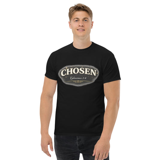 Bold CHOSEN Ephesians 1:4 t-shirt design made for black shirts with bright high-contrast lettering and decorative accents.