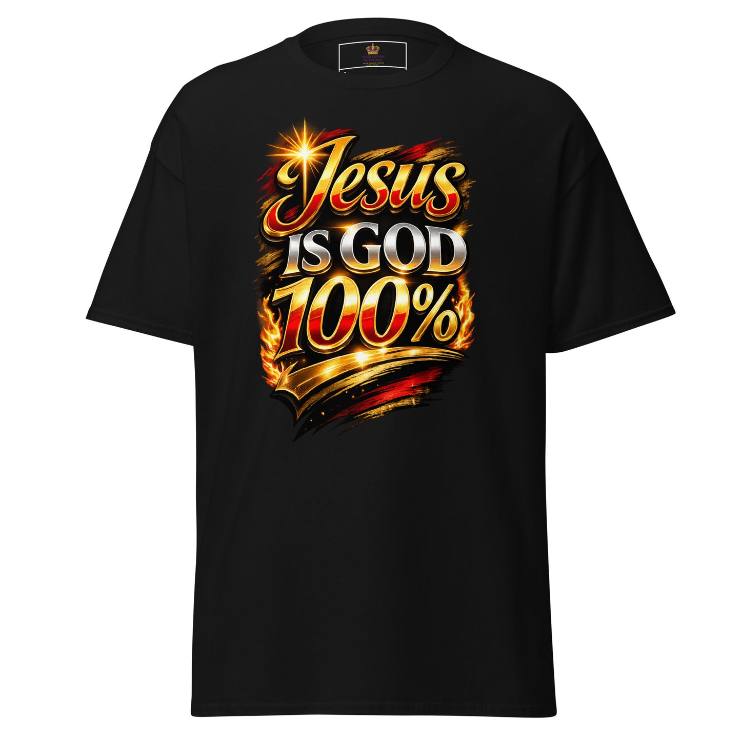 “Jesus is God 100 percent Christian t shirt bold faith statement design gold red lettering”