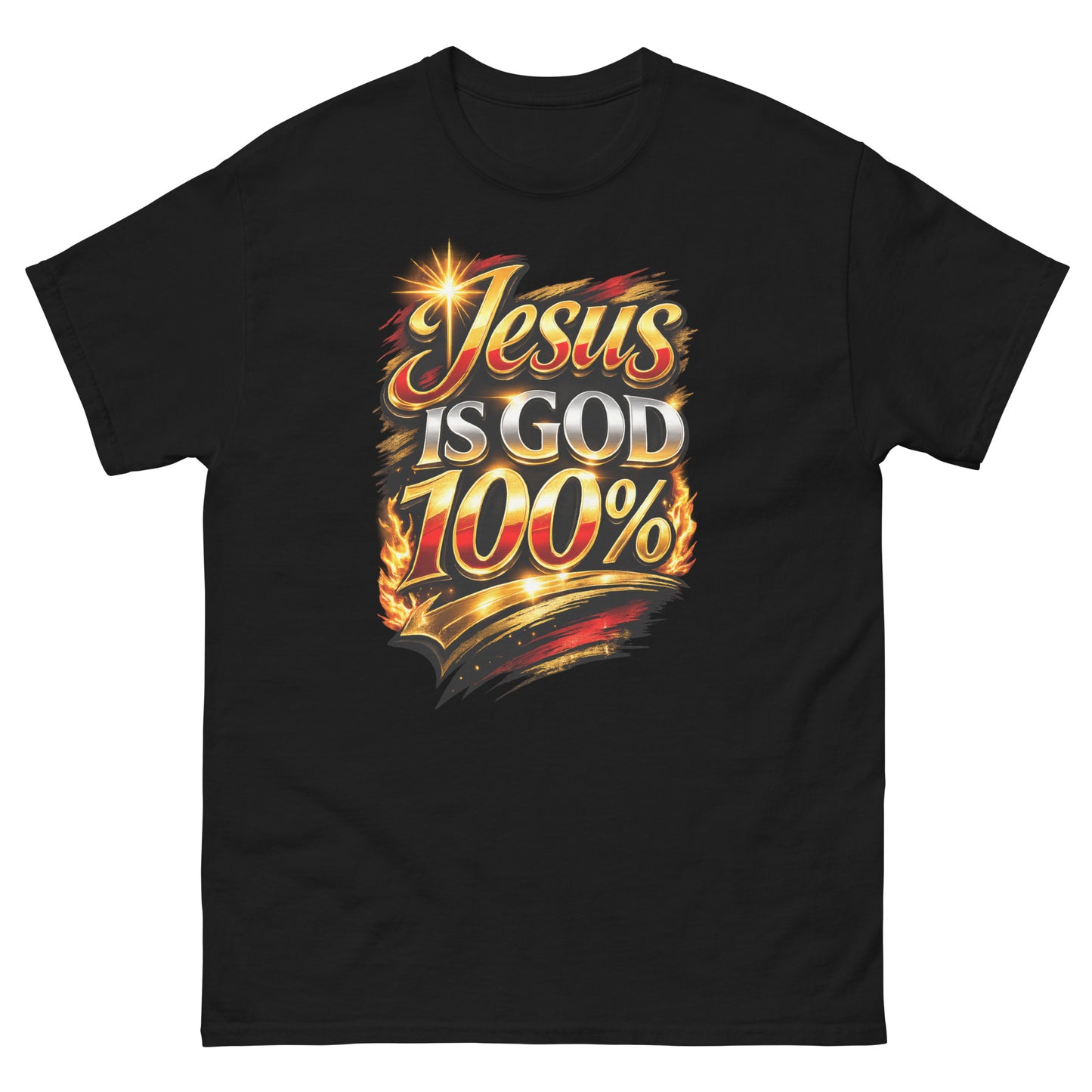 “Jesus is God 100 percent Christian t shirt bold faith statement design gold red lettering”
