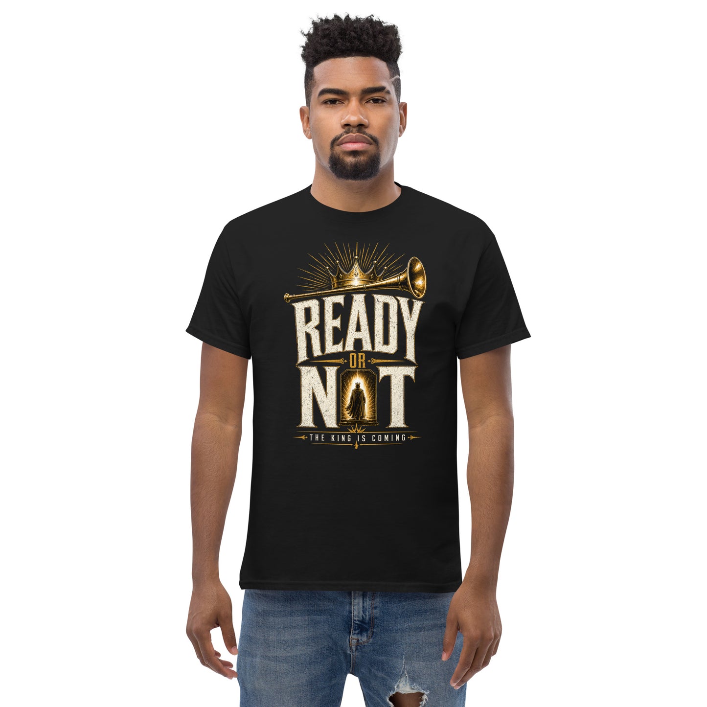 “Christian black t shirt ready or not the King is coming design trumpet crown faith apparel”