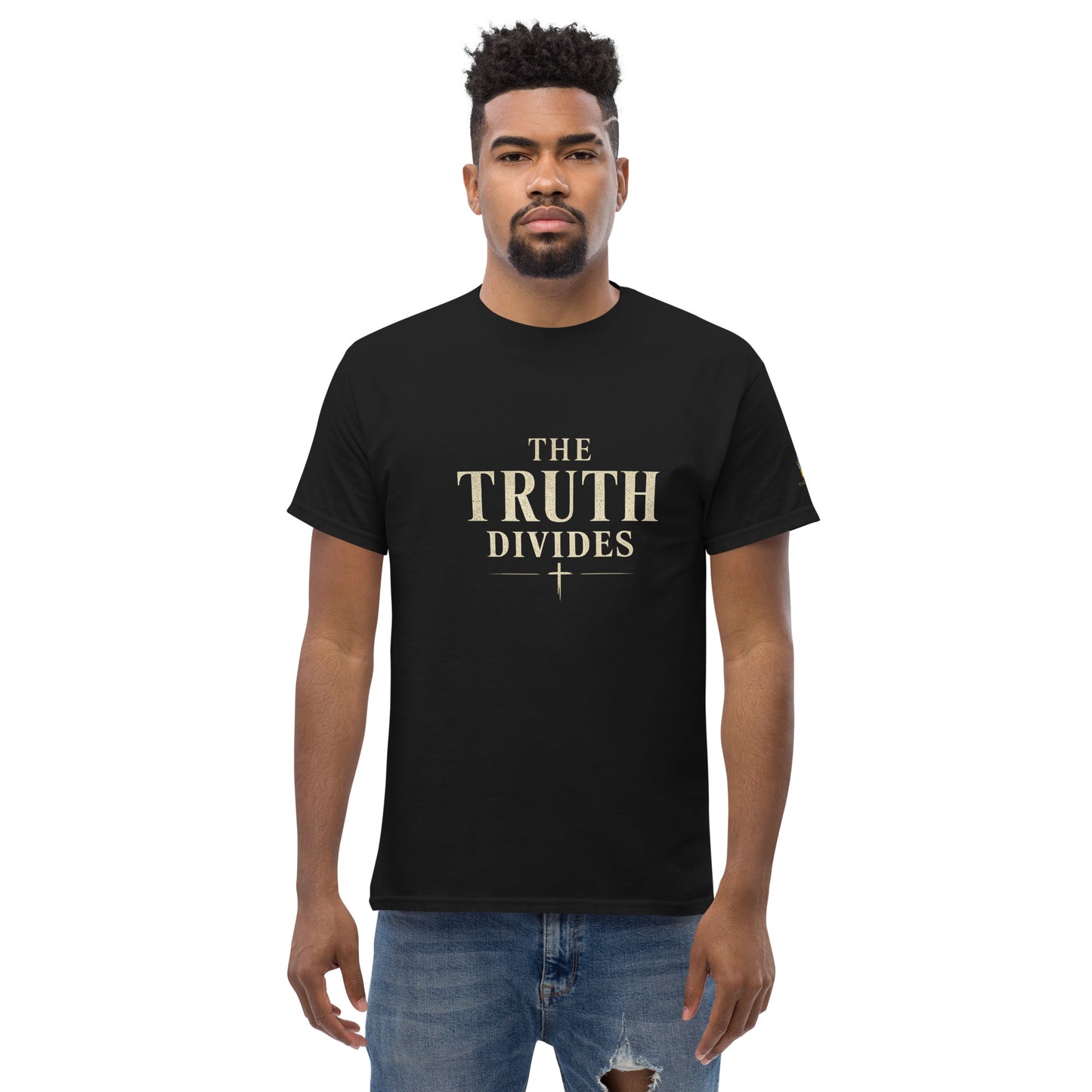 “Christian black t shirt the truth divides front and back Matthew 10:34 scripture faith apparel”