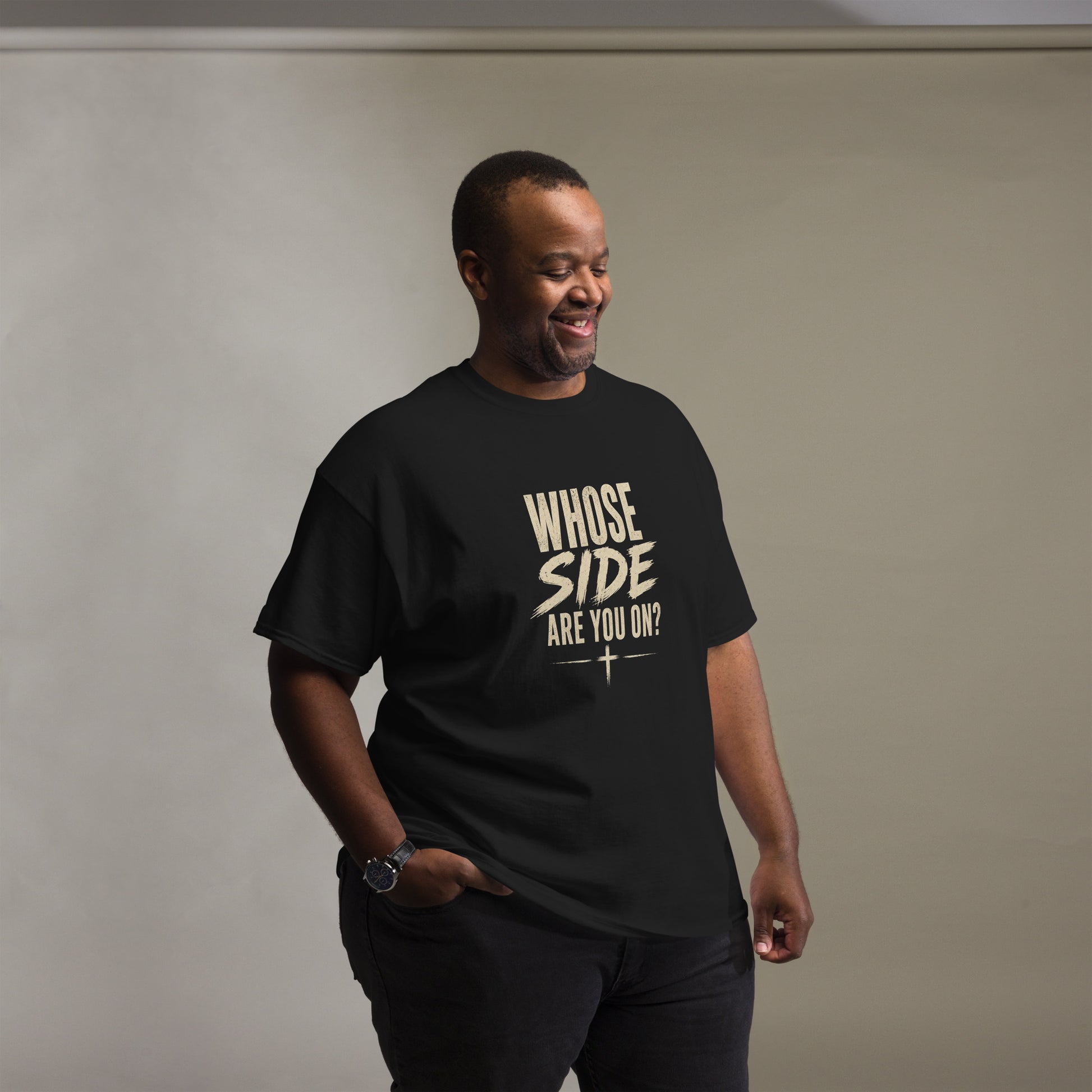 “Christian black t shirt whose side are you on front and back Matthew 6:24 faith apparel”