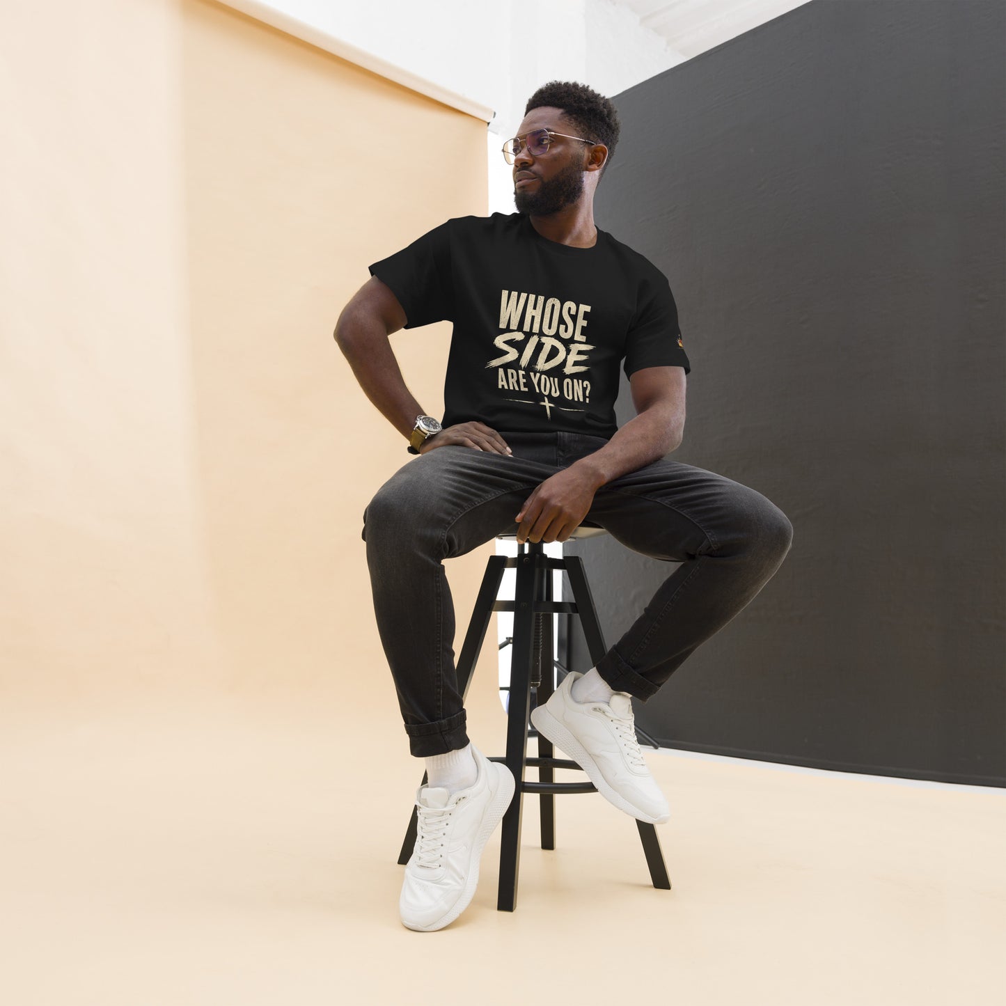 “Christian black t shirt whose side are you on front and back Matthew 6:24 faith apparel”