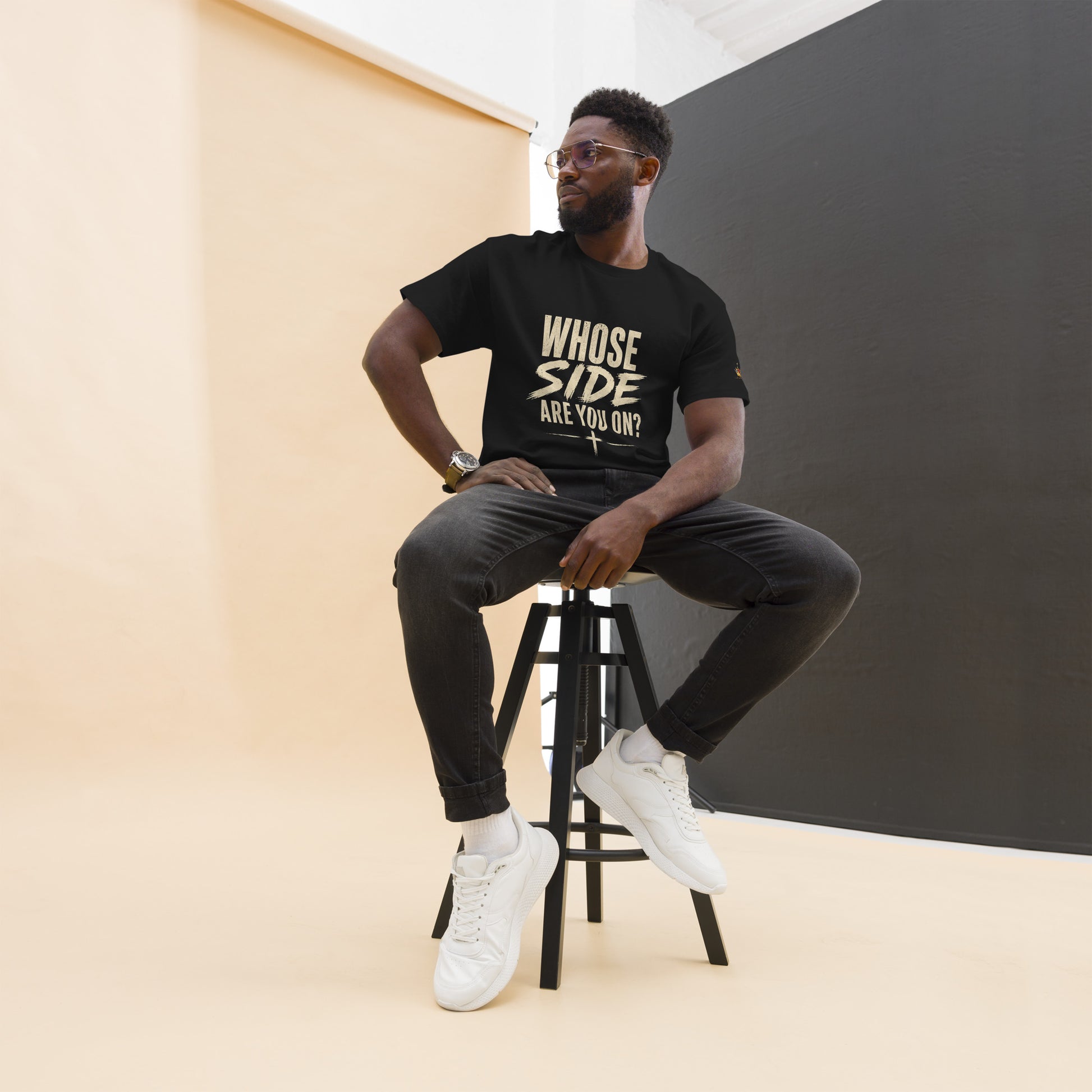 “Christian black t shirt whose side are you on front and back Matthew 6:24 faith apparel”
