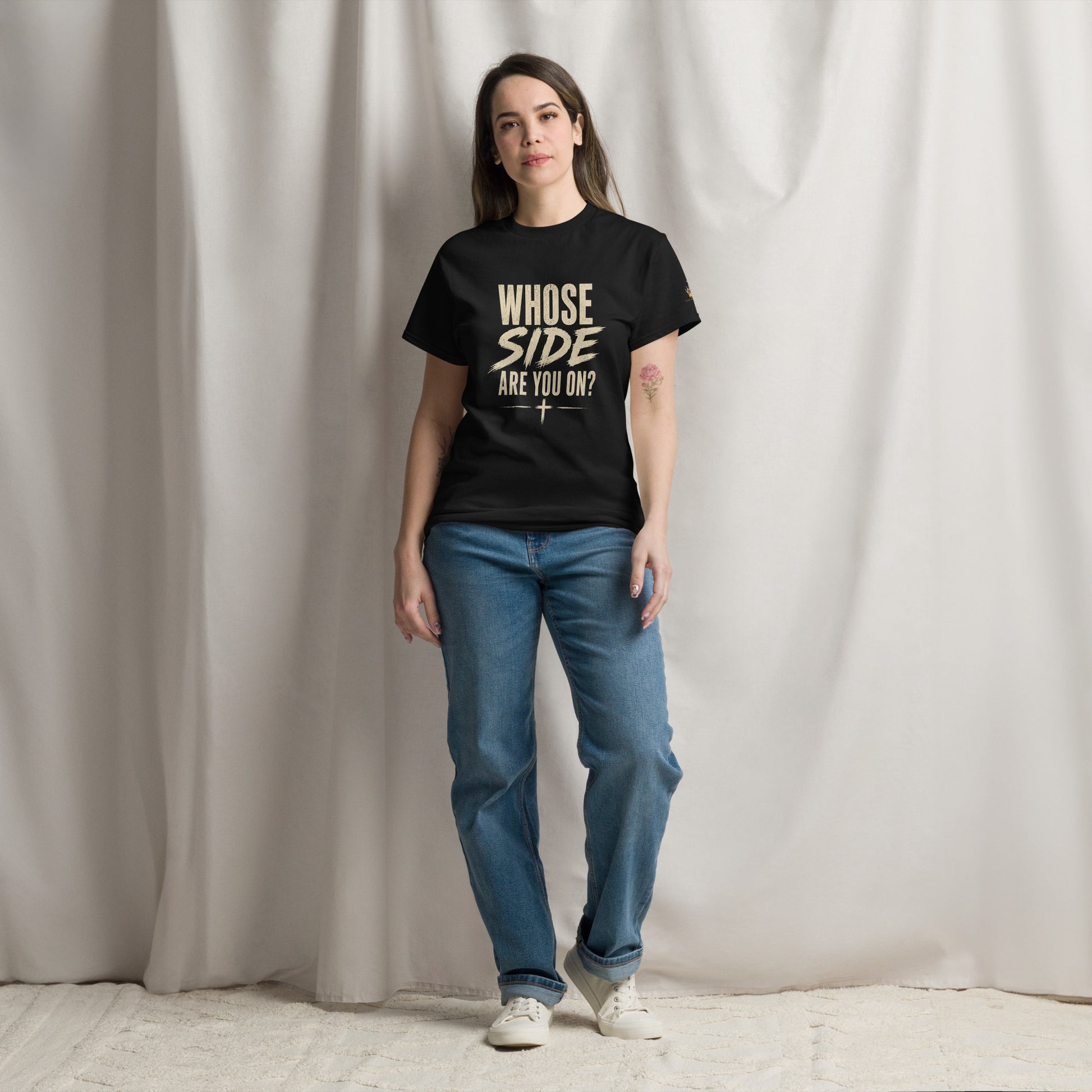 “Christian black t shirt whose side are you on front and back Matthew 6:24 faith apparel”