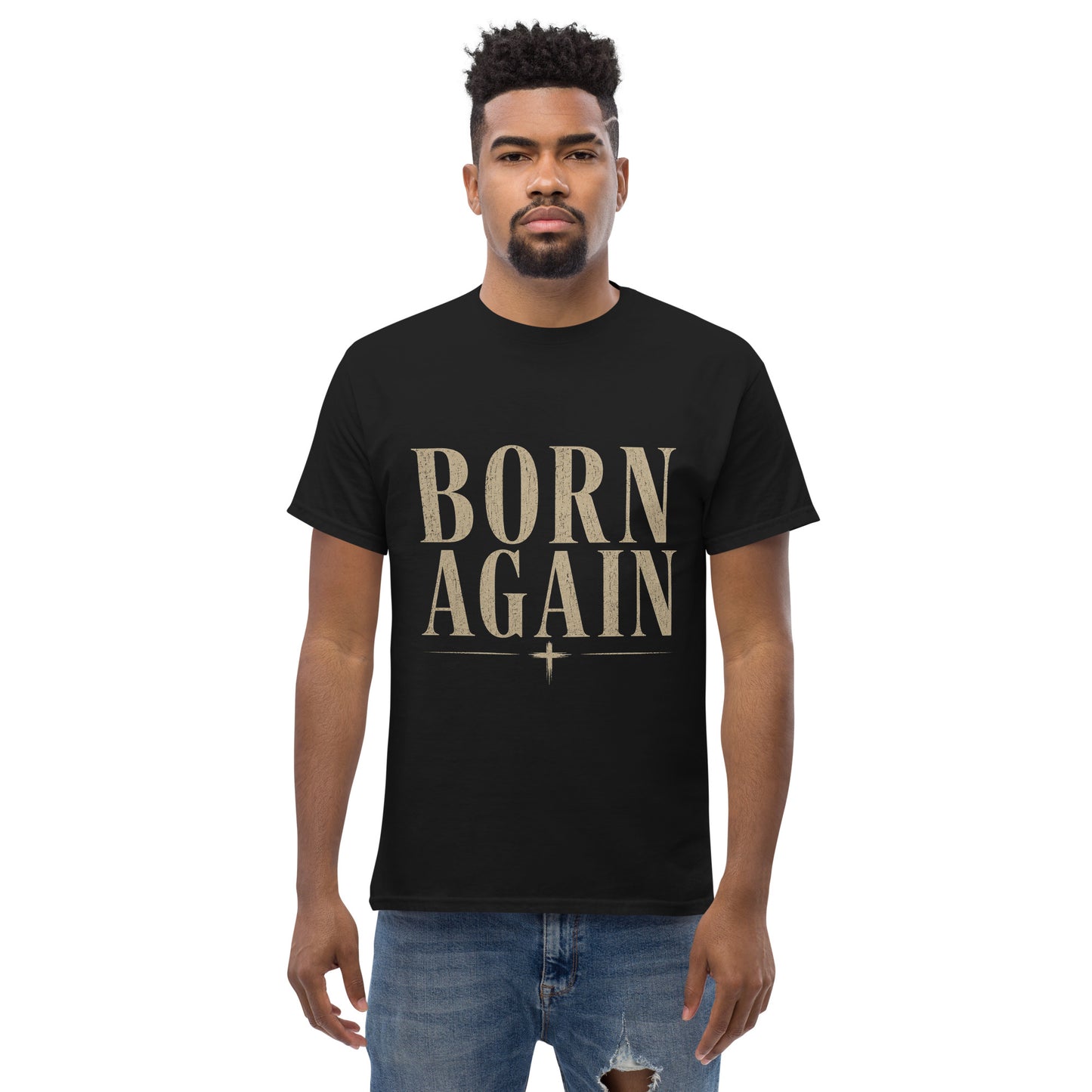 Prod“Christian black t shirt born again design John 3:3 faith apparel salvation message clothing”uct mockup