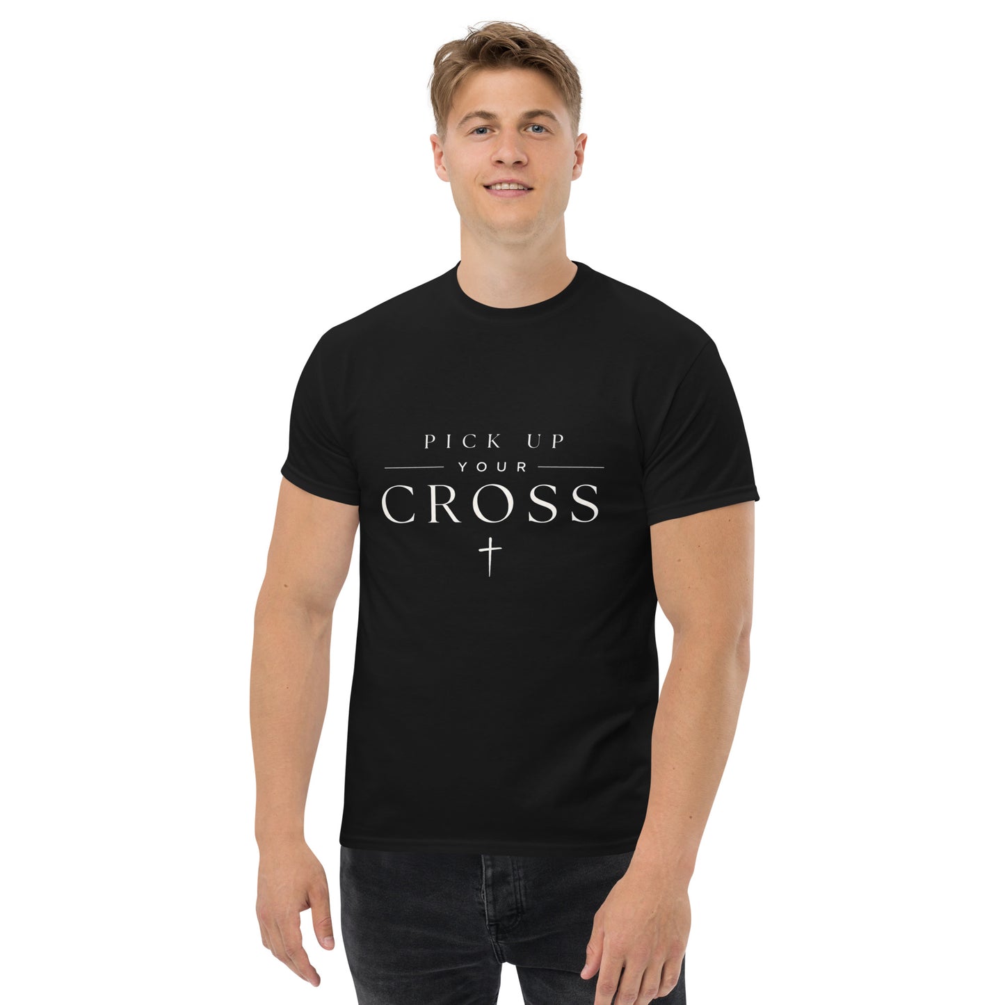 Black Christian T-shirt featuring “Pick Up Your Cross” bold faith statement design inspired by Luke 9:23, streetwear-style gospel apparel.
