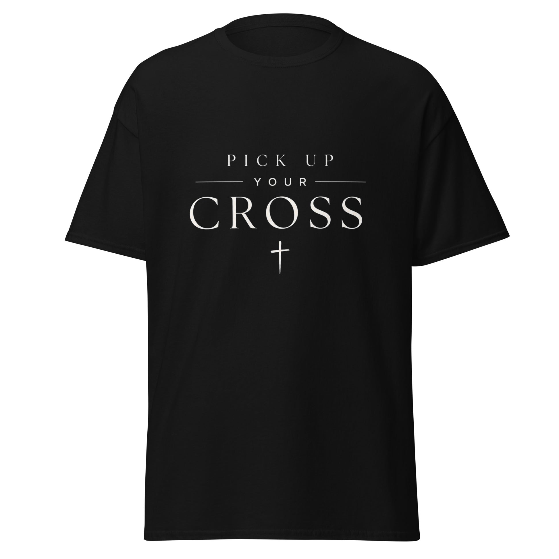 Black Christian T-shirt featuring “Pick Up Your Cross” bold faith statement design inspired by Luke 9:23, streetwear-style gospel apparel.