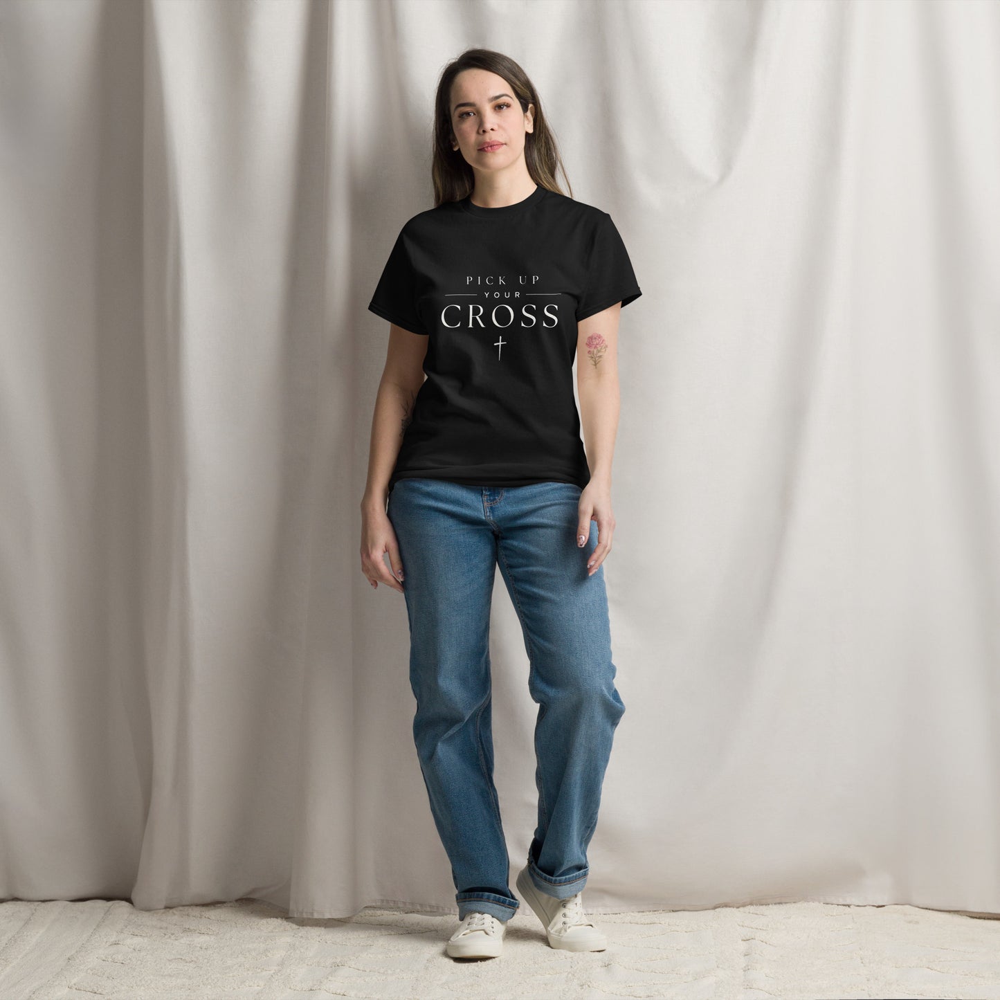 Black Christian T-shirt featuring “Pick Up Your Cross” bold faith statement design inspired by Luke 9:23, streetwear-style gospel apparel.