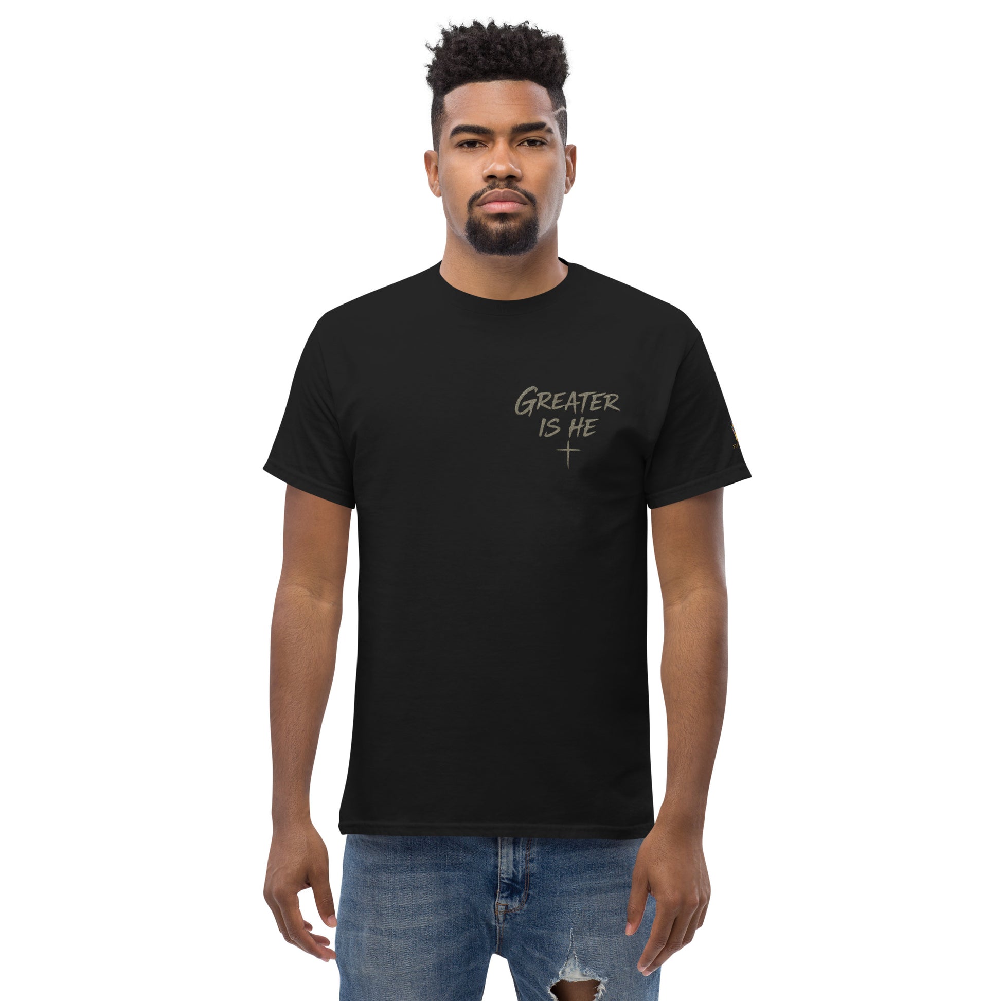 “Christian black t shirt greater is he front chest design with 1 John 4:4 scripture on back”