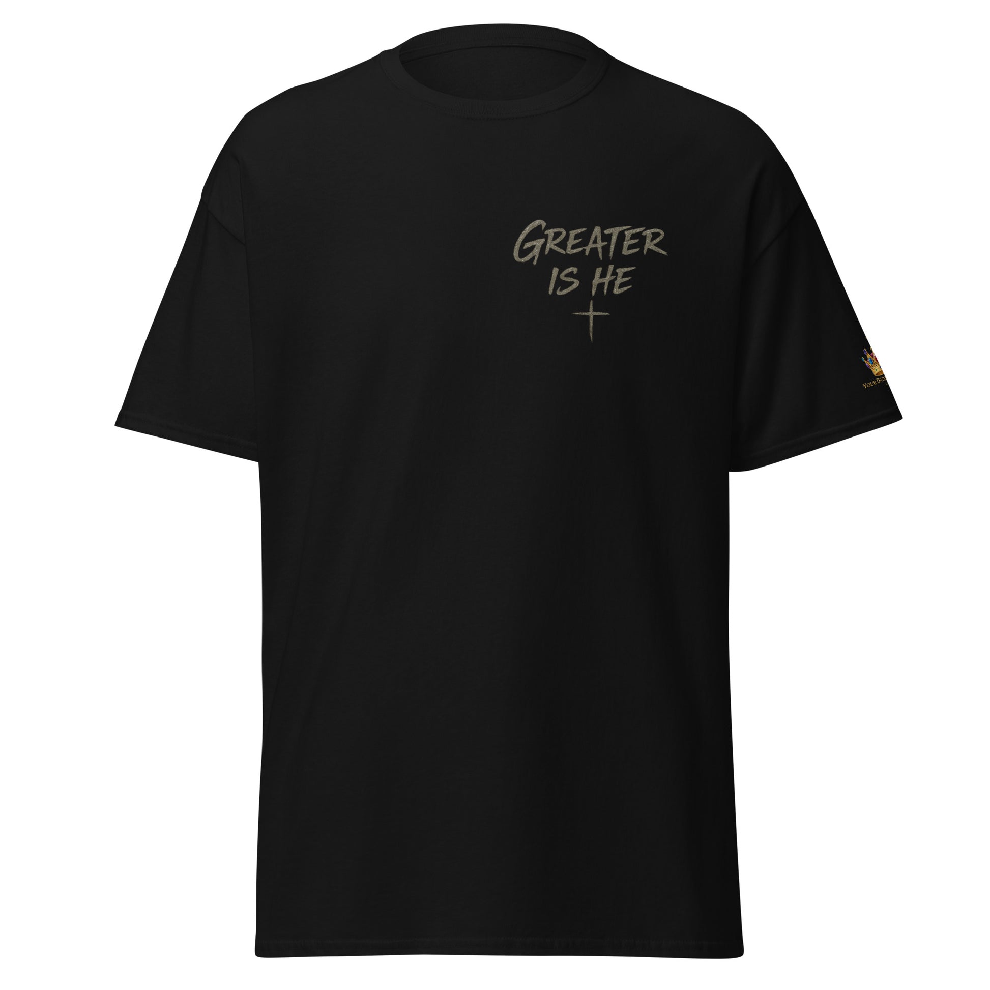 “Christian black t shirt greater is he front chest design with 1 John 4:4 scripture on back”