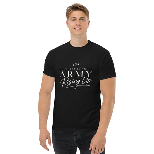 “Black Christian t shirt with There Is An Army Rising Up front design and Joel 2:11 scripture back print”
