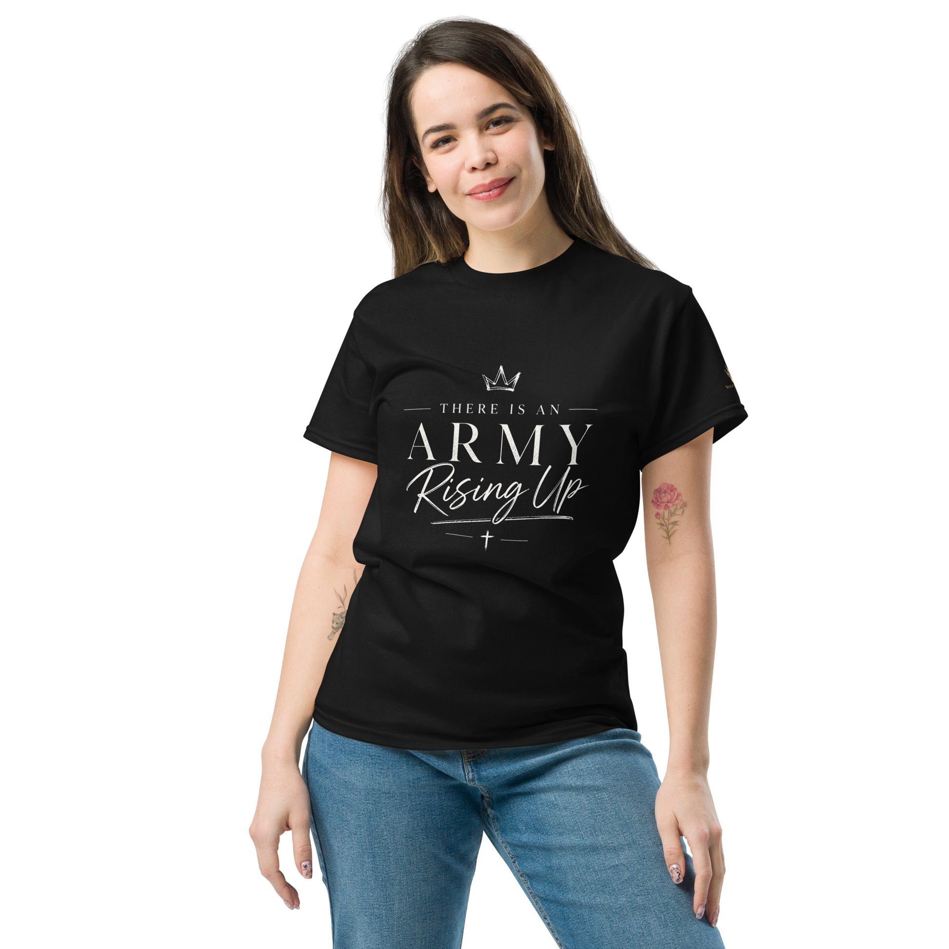 “Black Christian t shirt with There Is An Army Rising Up front design and Joel 2:11 scripture back print”