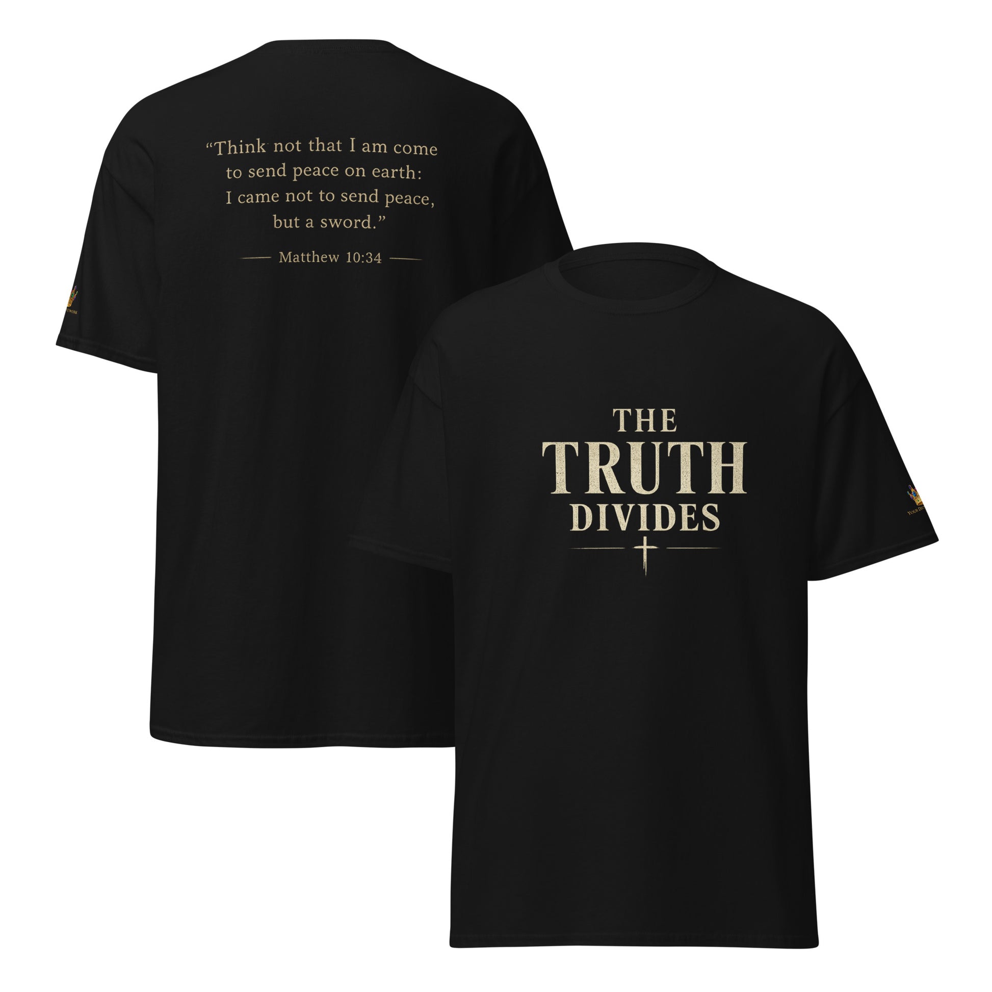 “Christian black t shirt the truth divides front and back Matthew 10:34 scripture faith apparel”