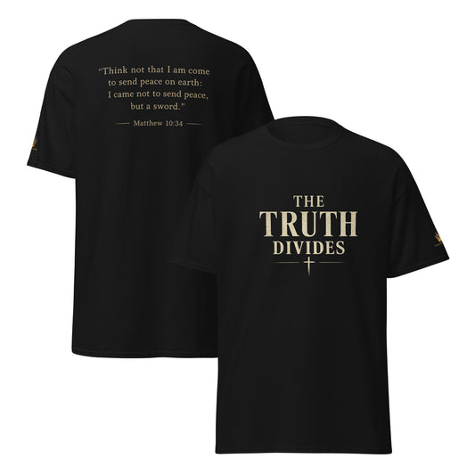 “Christian black t shirt the truth divides front and back Matthew 10:34 scripture faith apparel”