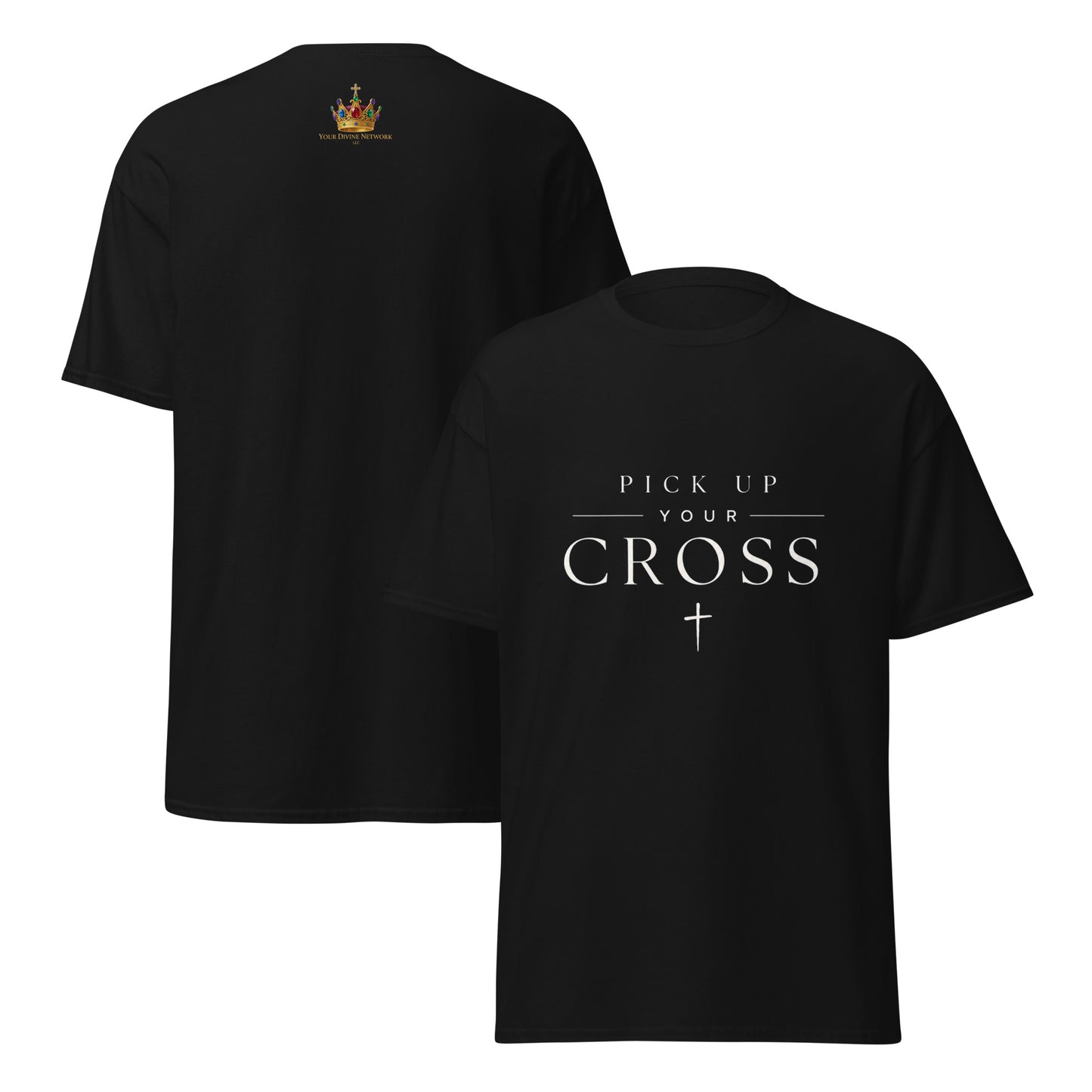 Black Christian T-shirt featuring “Pick Up Your Cross” bold faith statement design inspired by Luke 9:23, streetwear-style gospel apparel.