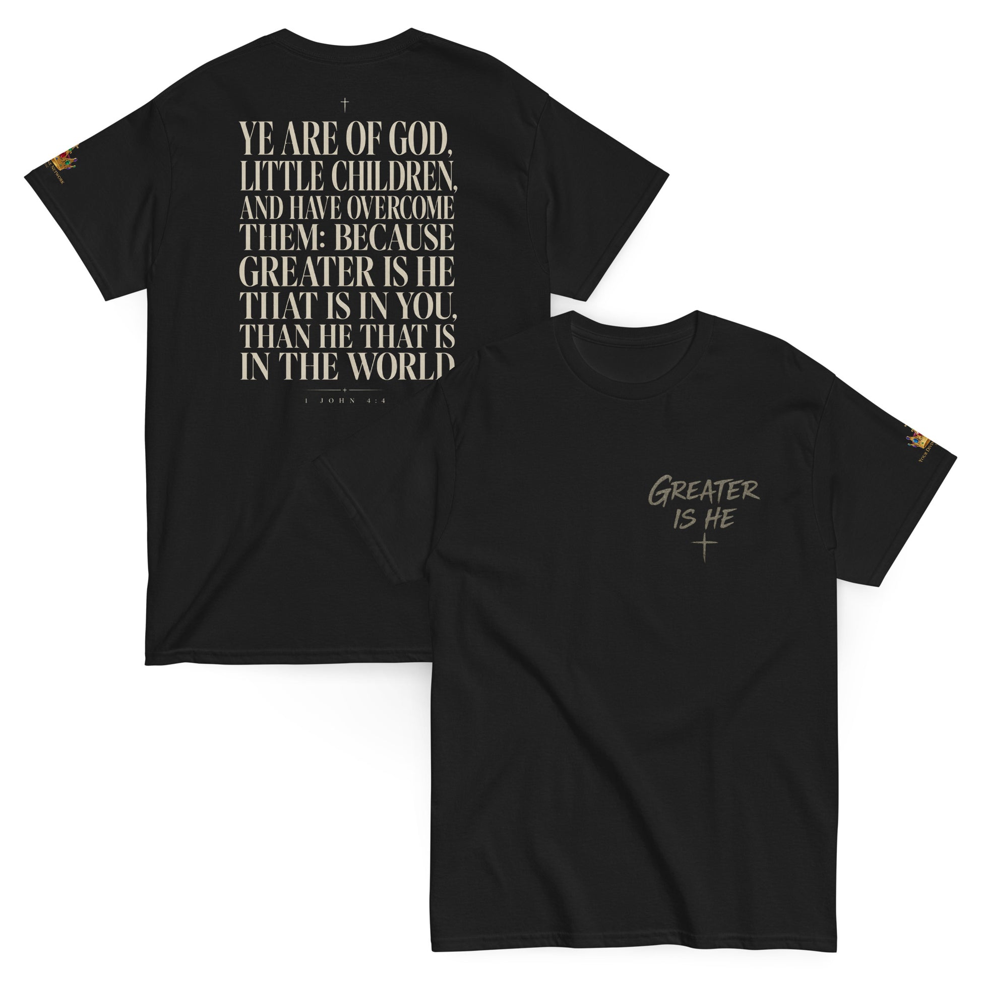 “Christian black t shirt greater is he front chest design with 1 John 4:4 scripture on back”