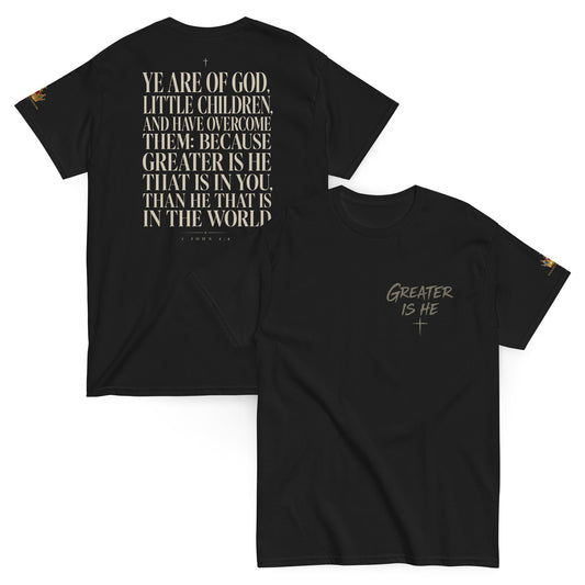 “Christian black t shirt greater is he front chest design with 1 John 4:4 scripture on back”