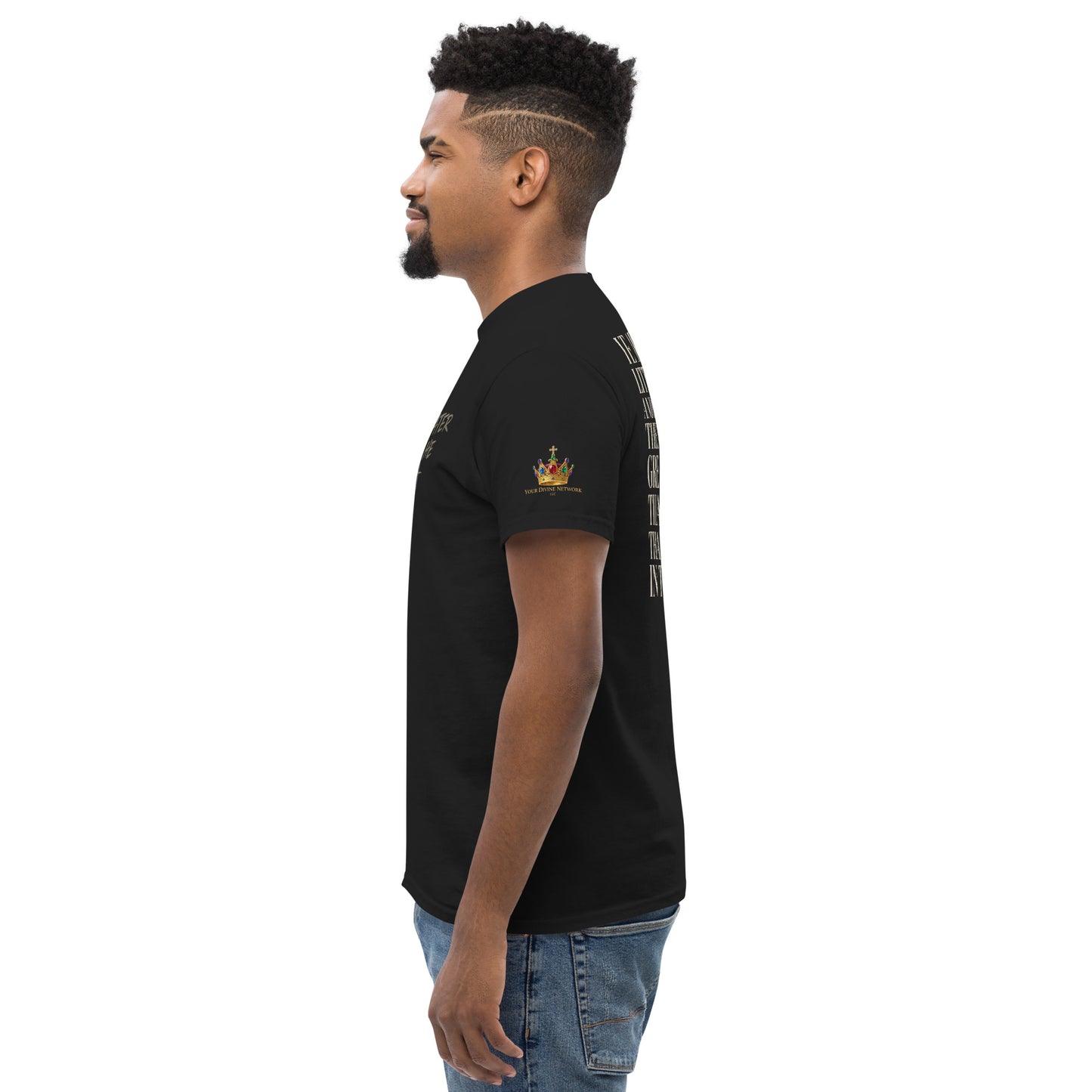 “Christian black t shirt greater is he front chest design with 1 John 4:4 scripture on back”