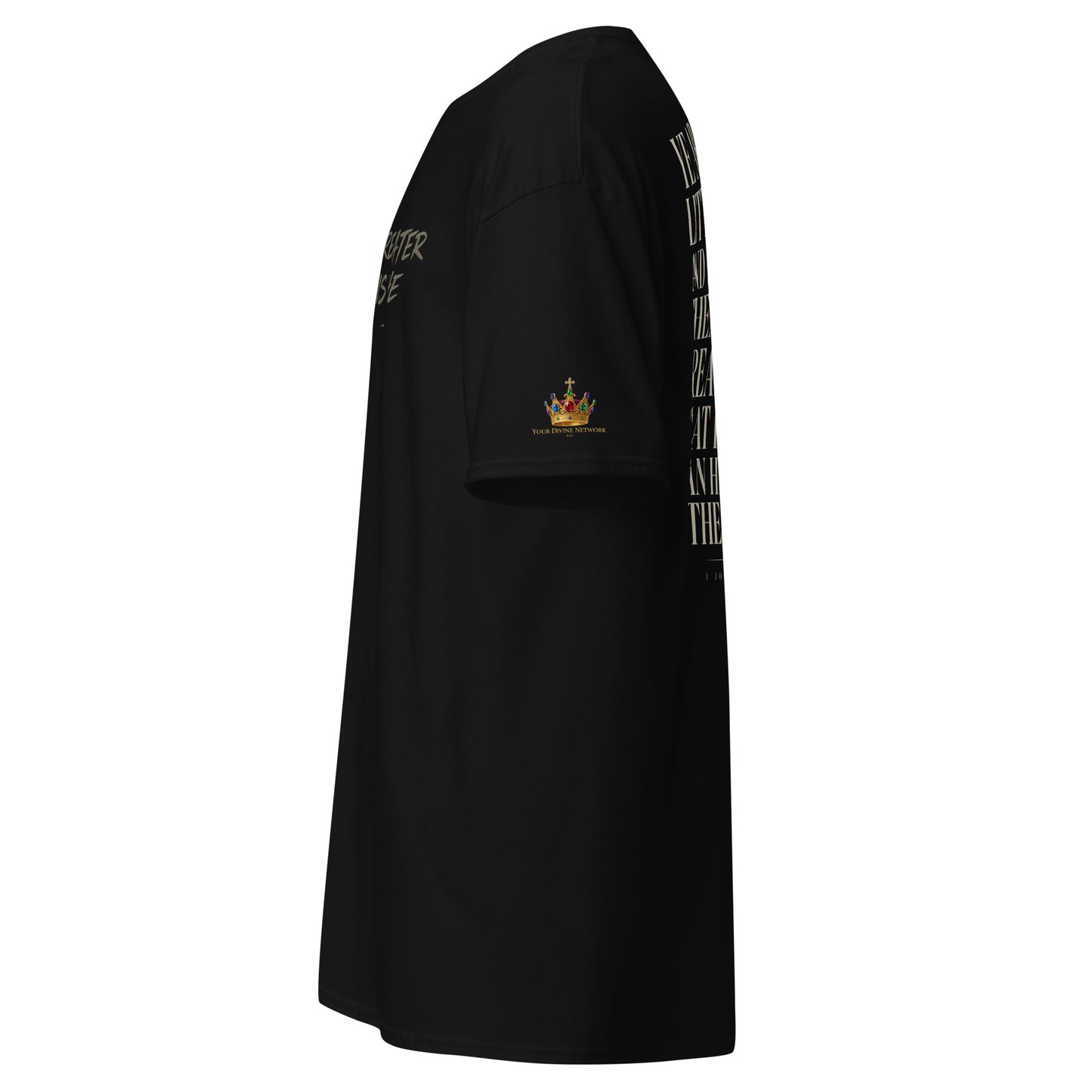 “Christian black t shirt greater is he front chest design with 1 John 4:4 scripture on back”