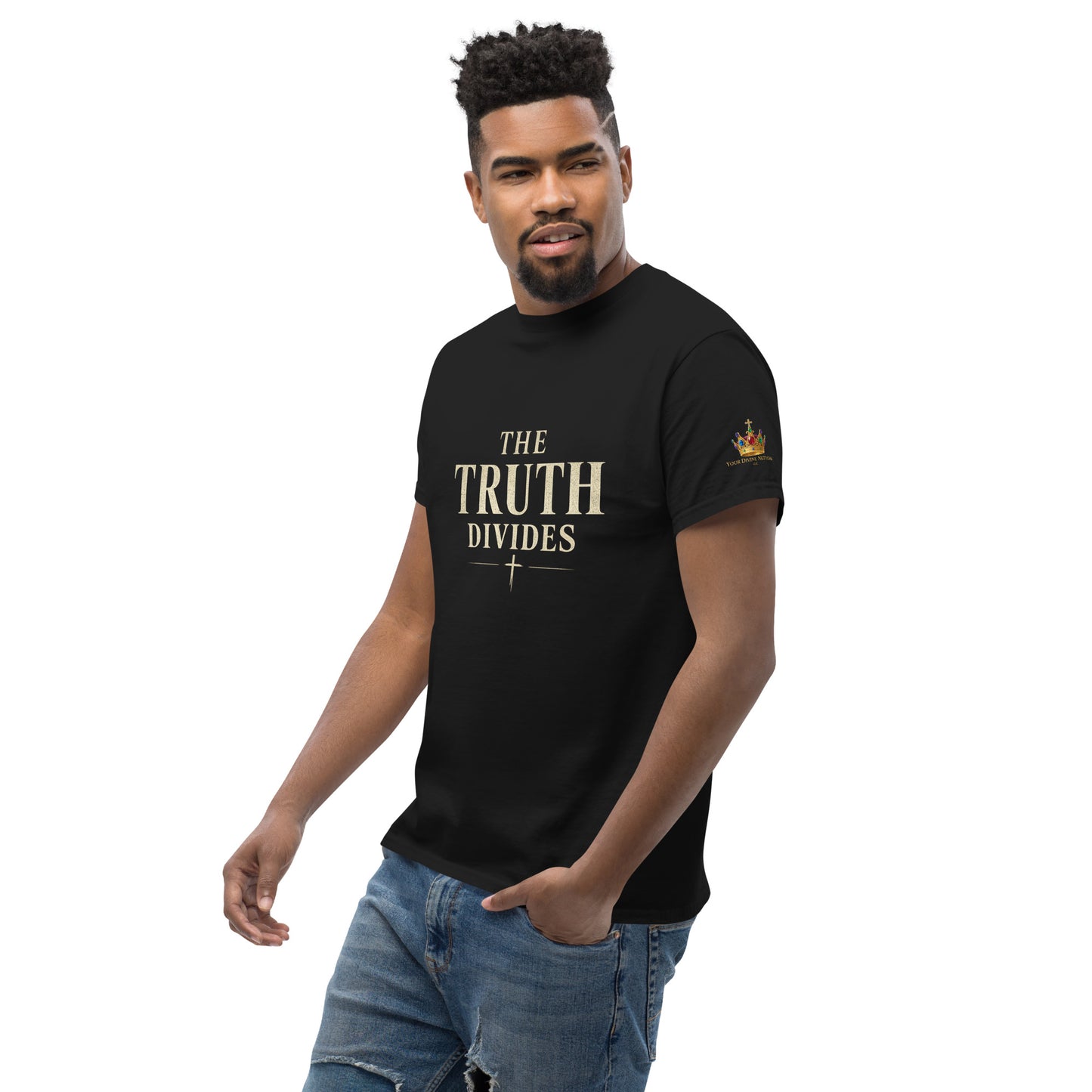 “Christian black t shirt the truth divides front and back Matthew 10:34 scripture faith apparel”