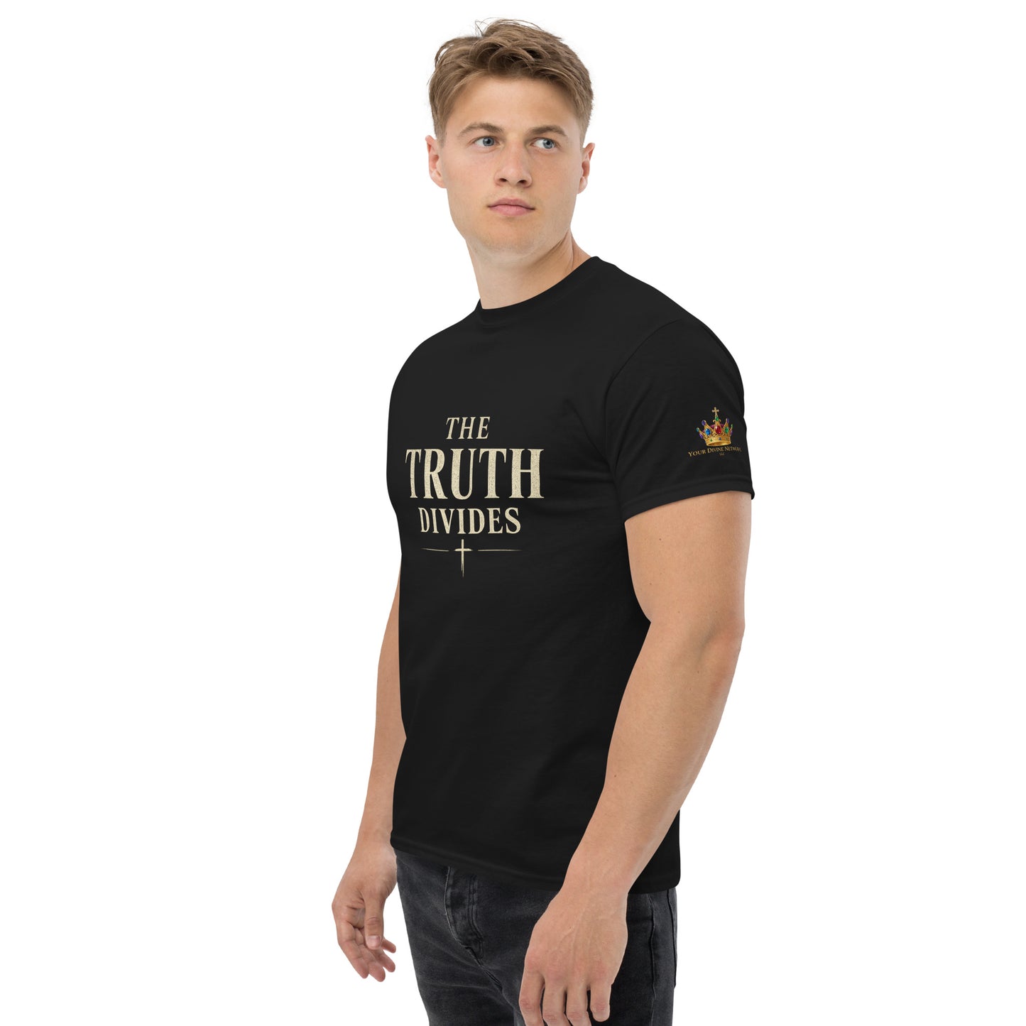 “Christian black t shirt the truth divides front and back Matthew 10:34 scripture faith apparel”
