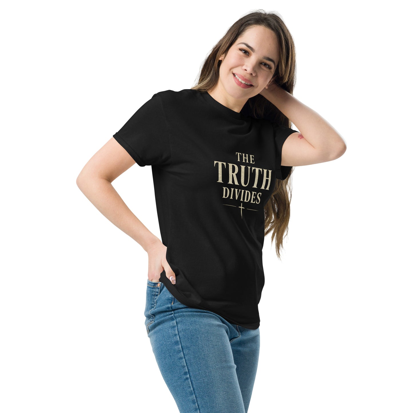 “Christian black t shirt the truth divides front and back Matthew 10:34 scripture faith apparel”
