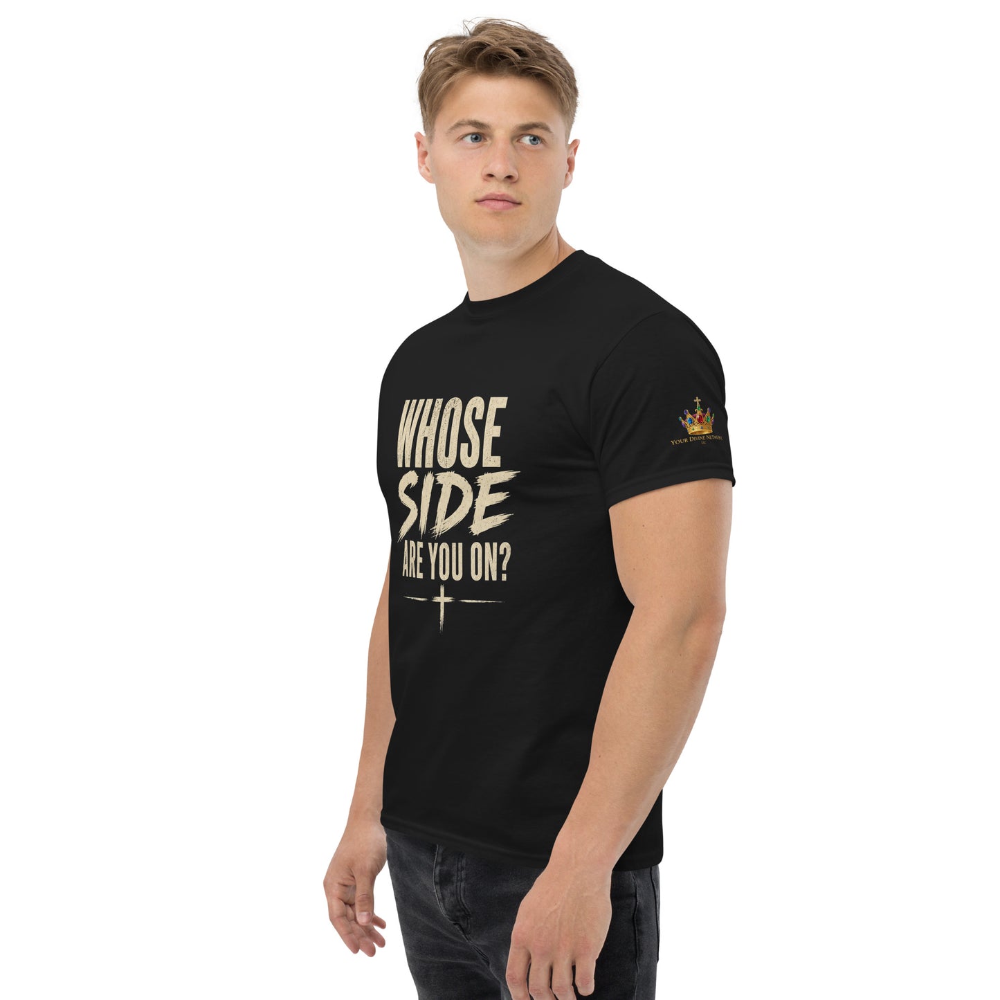 “Christian black t shirt whose side are you on front and back Matthew 6:24 faith apparel”