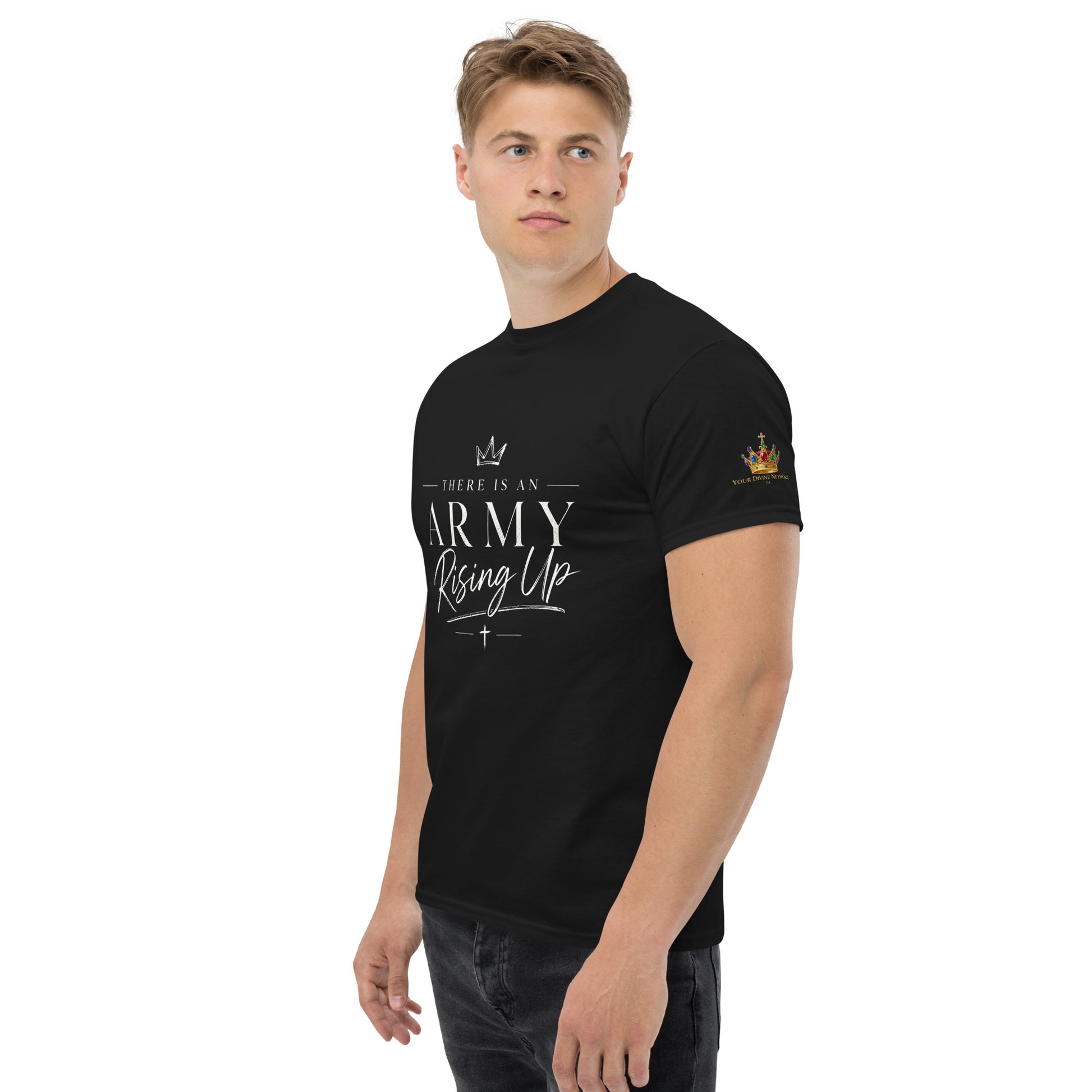 “Black Christian t shirt with There Is An Army Rising Up front design and Joel 2:11 scripture back print”