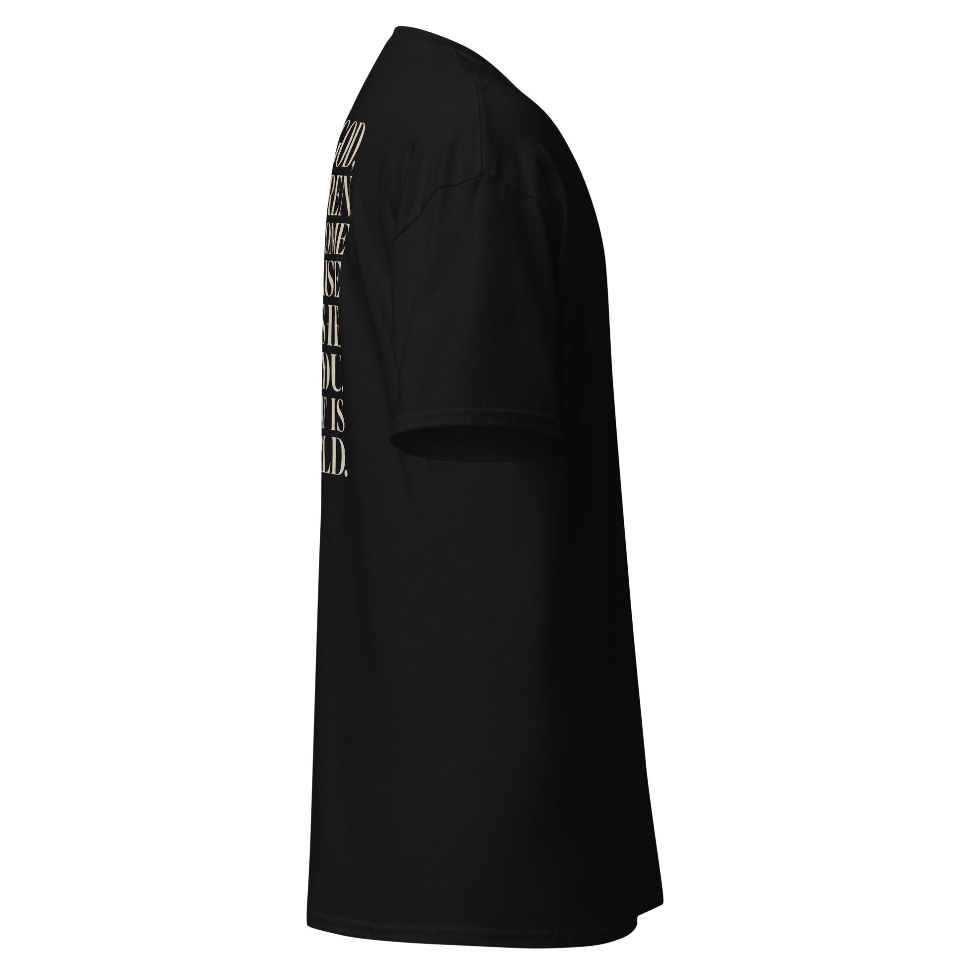 “Christian black t shirt greater is he front chest design with 1 John 4:4 scripture on back”